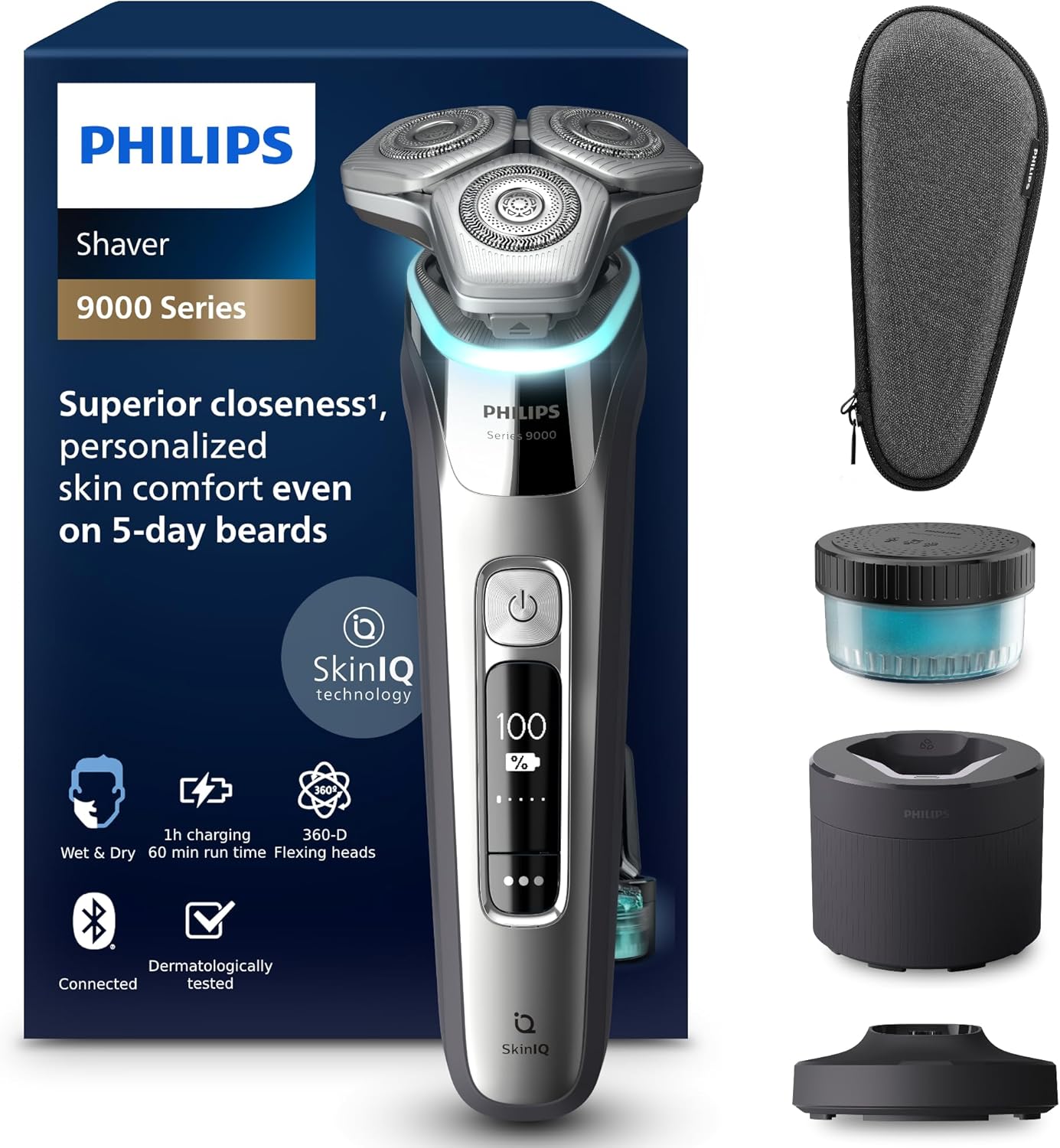 Philips Serie 9000 Afeitadora El&eacute;ctrica Hombre, M&aacute;quina de Afeitar Barba con Recortadora, 72 cuchillas, 60min de uso, En Seco y H&uacute;medo, Recargable, Centro de Limpieza, Base Carga, S9974/55, Cromo