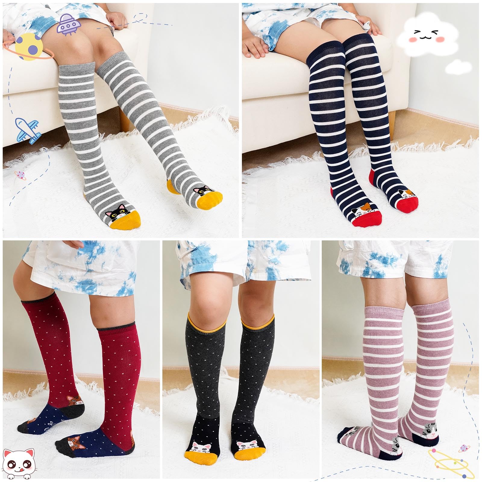 Artfasion Calcetines altos hasta la rodilla para niñas: calcetines largos divertidos de dibujos animados, transpirables, sin costuras, para niños de 2 a 14 años