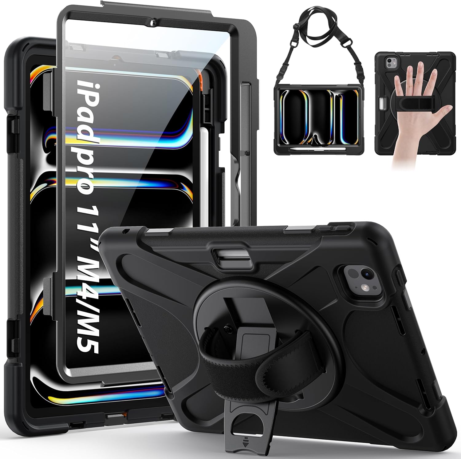 Gerutek Case for iPad Pro 11 inch M5/M4 (2025/2024) Tablet Case, Cover Protective with Screen Protector, Pencil Holder, 360 Rotating Handle, Stand, Shoulder Strap for iPad Pro 11" 6th/5th Gen-Black