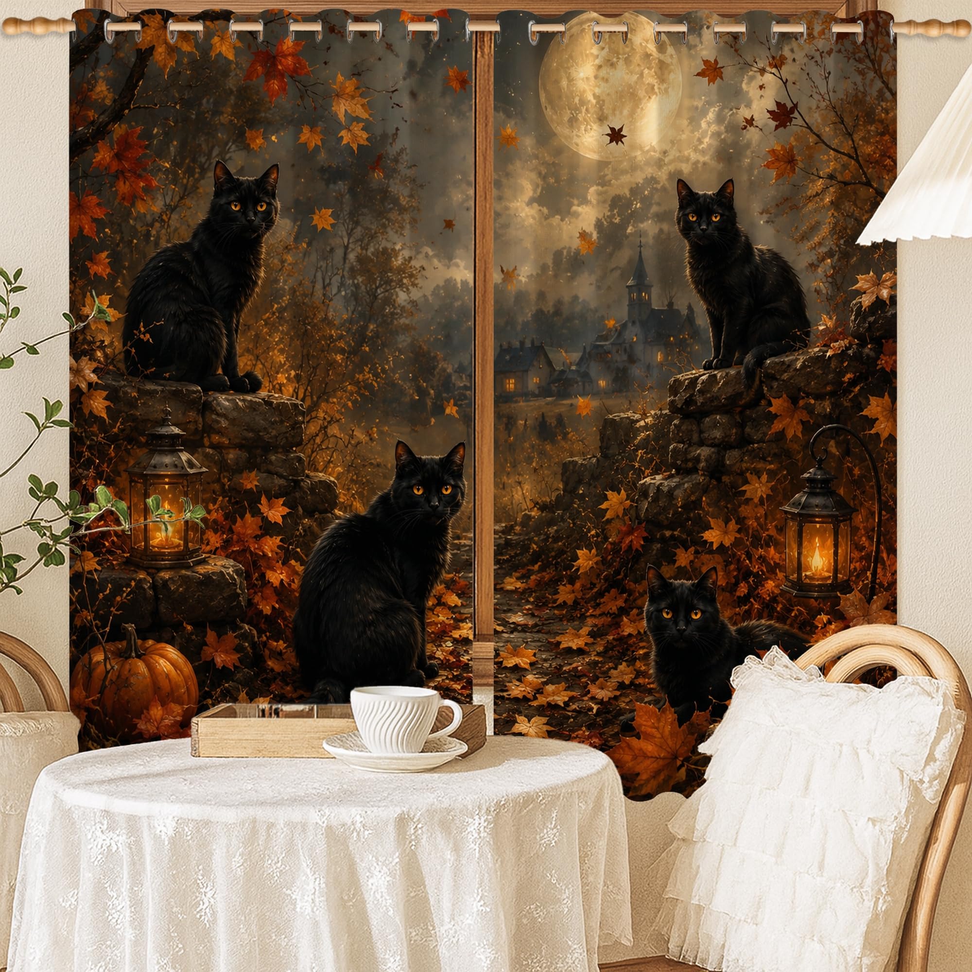 Rideaux occultants Halloween motif chat noir et citrouille bureau