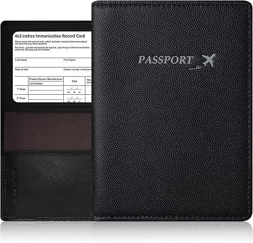 Funda para pasaporte de piel auténtica elegante cartera de cuero para pasaporte con ranura para tarjeta de registro de inmunización de 4 x 3