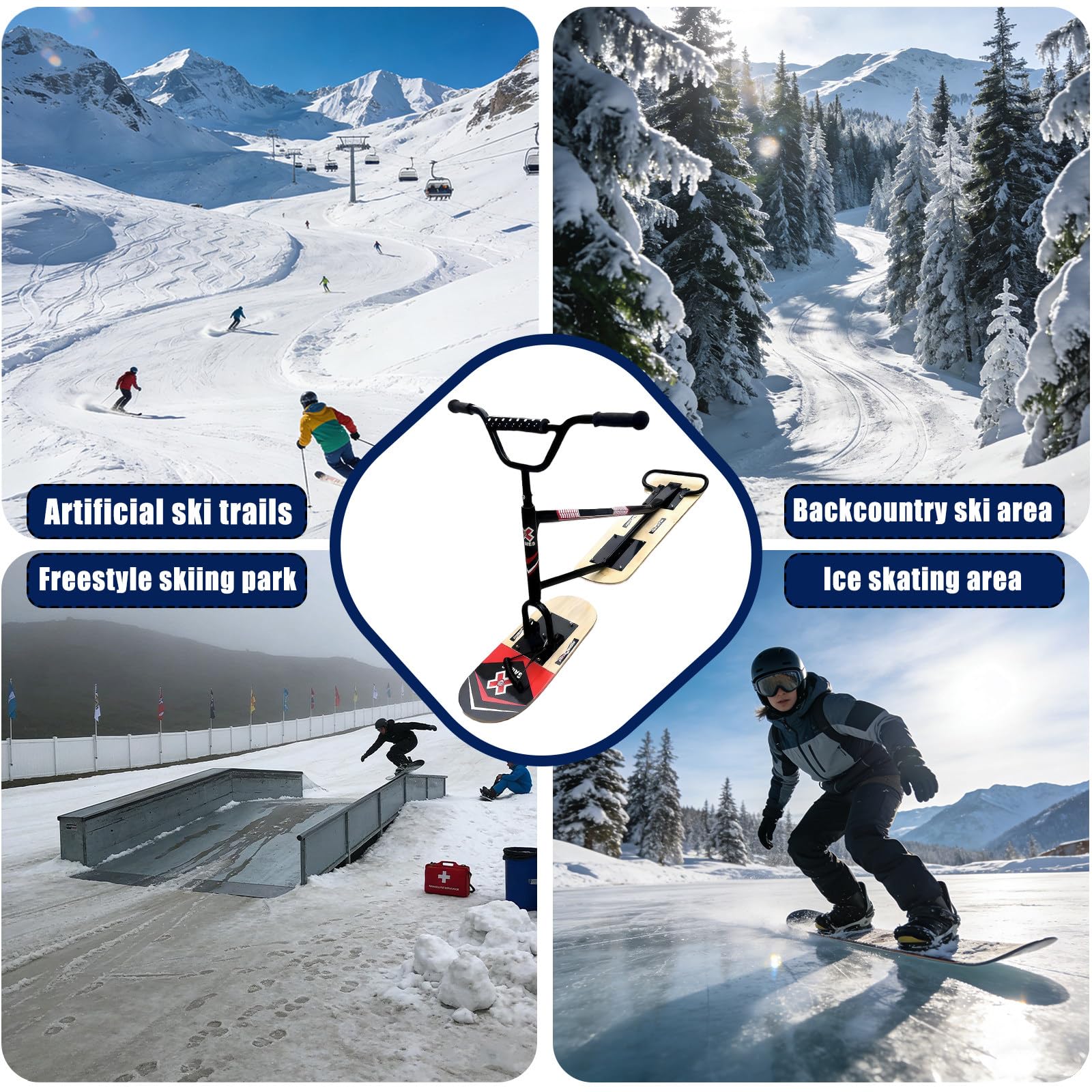 Monopattino da sci, leggero, girevole a 360°, telaio in lega di alluminio rinforzato, design a doppia tavola per sport sulla neve, adatto per adulti e ragazzi