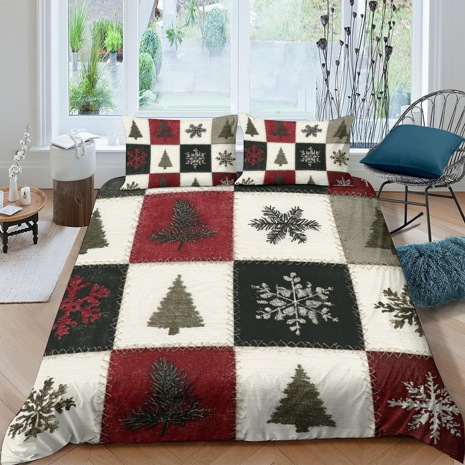 Ctjqhvkz Style-5 3D Printed Christmas Patchwork Fitted Sheet Microfiber Anti-Slip Winter Tree Snowflake Bed Cover For Bedroom Guest Room Single（135X200cm）
