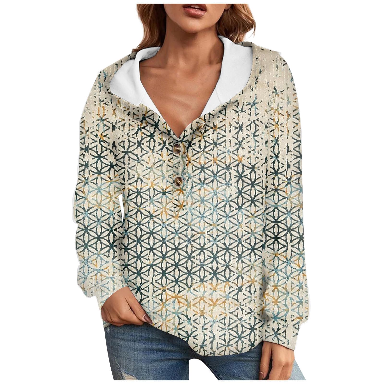 GenericOversized Sweatshirt For Women Crewneck Sweatshirts Button Collar Sweater Long Sleeve Gradient Color Fashion Clothes,