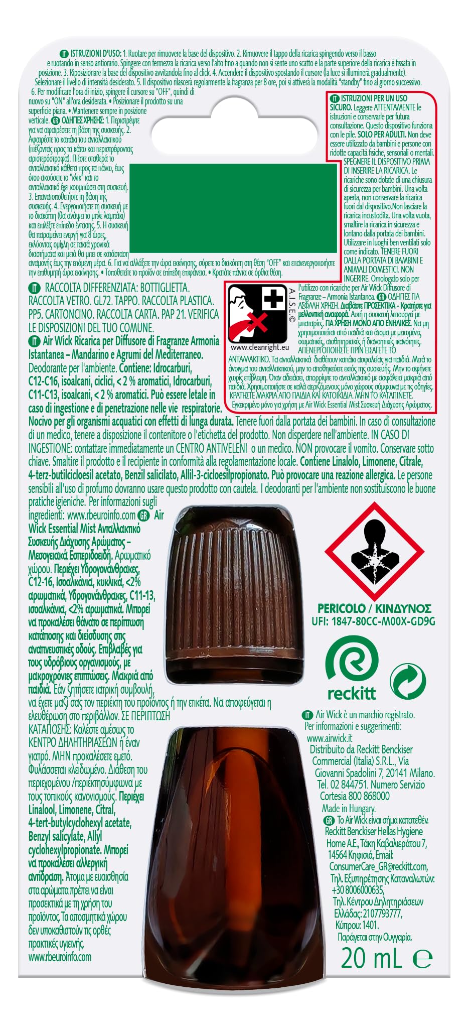 Airwick Ricariche per Diffusore di Oli Essenziali Armonia Istantanea, Confezione da 6 per Profumatore per Ambienti alla Fragranza di Mandarino e Arancia Dolce