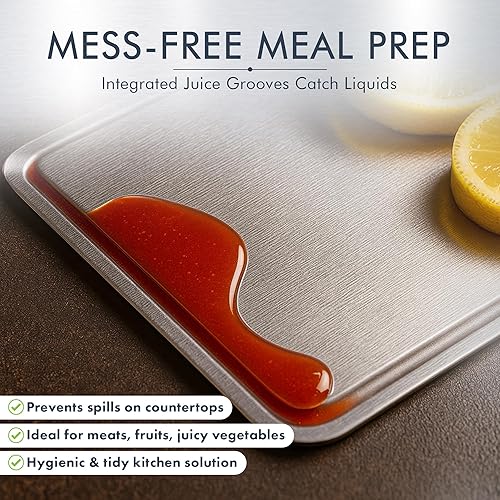 Miniatura 2 de Tablas de cortar de metal para cocina, tabla de cortar de acero inoxidable con ranuras para jugos, doble cara, paquete de 3 tamaños, tablas de