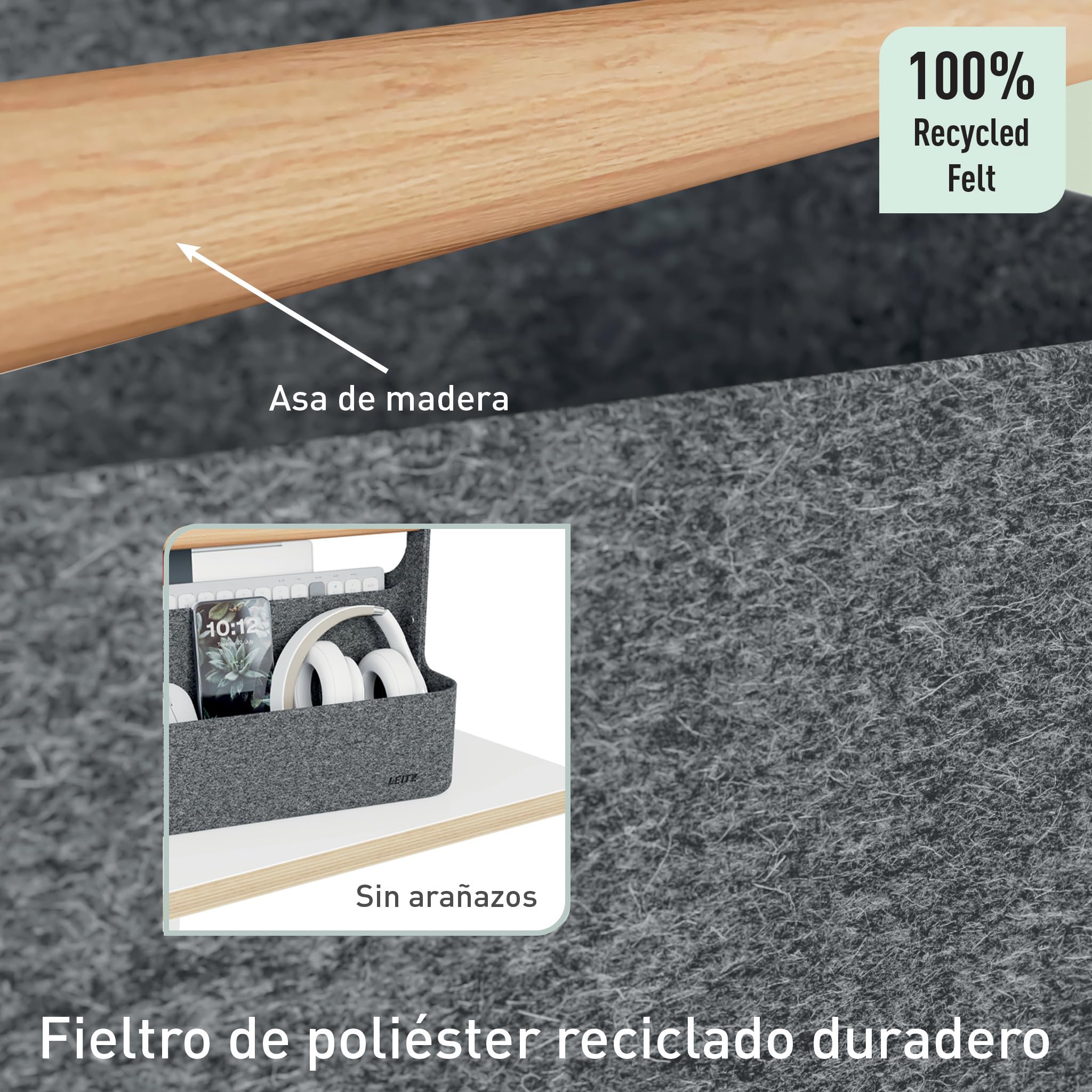 Leitz Organizador de escritorio portátil con asa, organizador portátil de escritorio de oficina con mango de madera, ideal para espacios de trabajo y oficinas de hotdesk - 38 x 19 x 25,5 cm (largo x