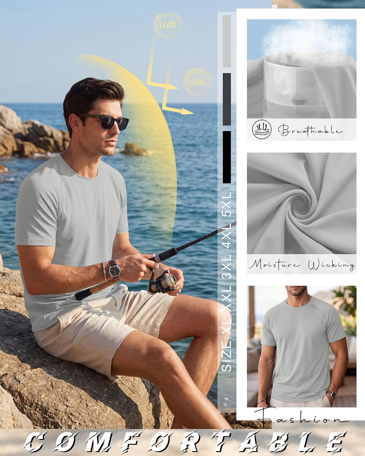 Huukeay 3 Pack Men's Big and Tall Rash Guard T Shirts UPF 50+ Short Sleeve Swim Shirts Sun Protection Quick Dry Active Tops