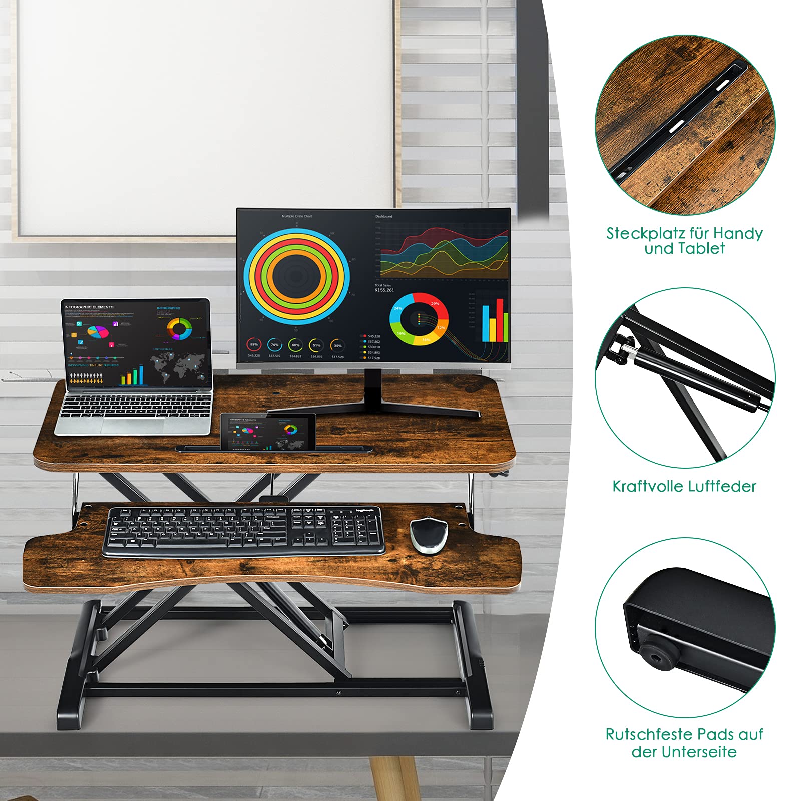 DREAMADE Höhenverstellbarer Sitz-Steh-Schreibtisch, Ergonomischer Schreibtischaufsatz mit Tastaturablage, Steharbeitsplatz, Stehpult für Computerbildschirm Laptop, Ideal für Homeoffice (Braun)