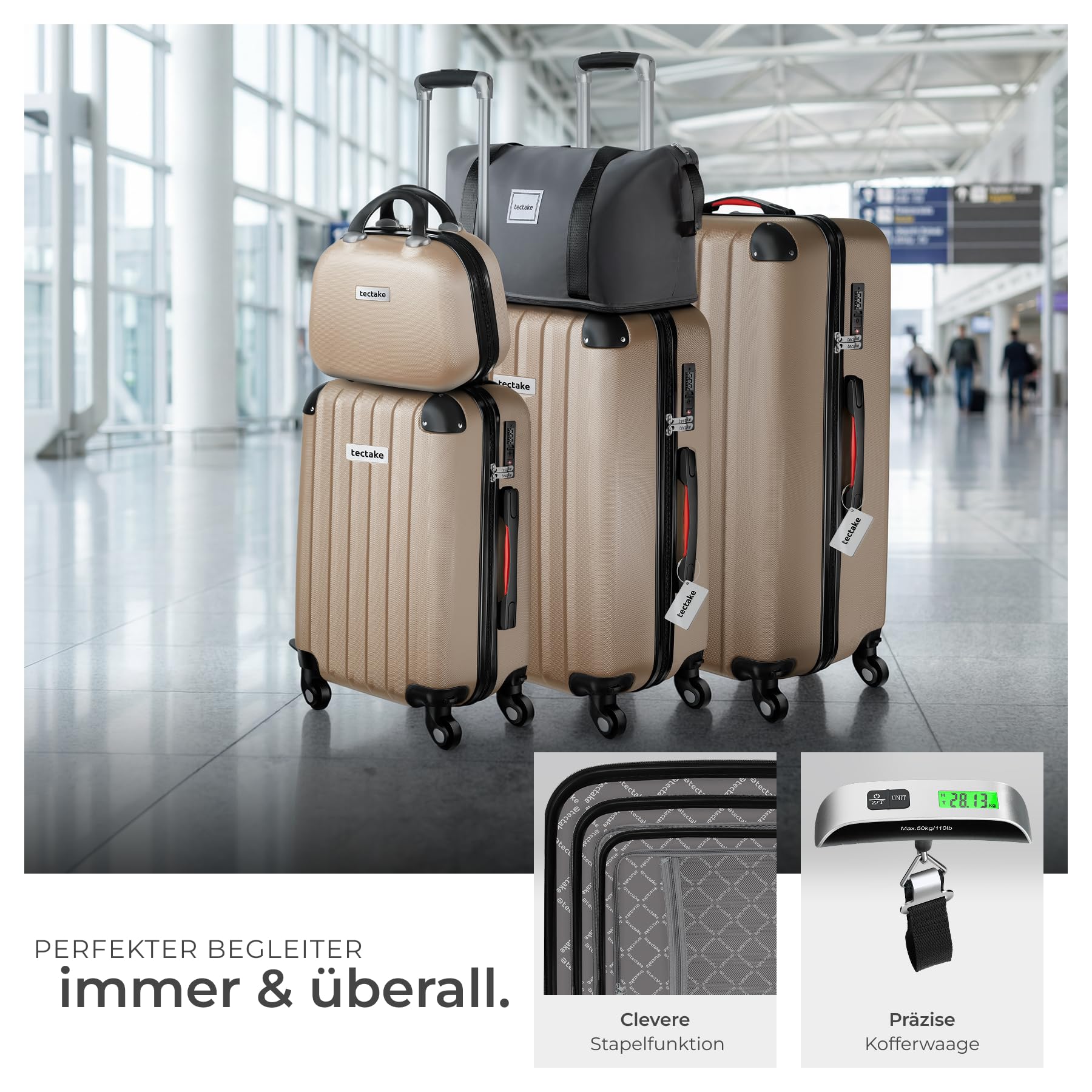 TecTake® Hartschalenkoffer-Set, 19-teilig, ABS-Hartschale, mit TSA-Schloss, 360° Rollen, Packwürfeln, Kofferwaage, Gepäckanhänger, Beautycase, Kulturbeutel, Teleskopgriff - Champagner