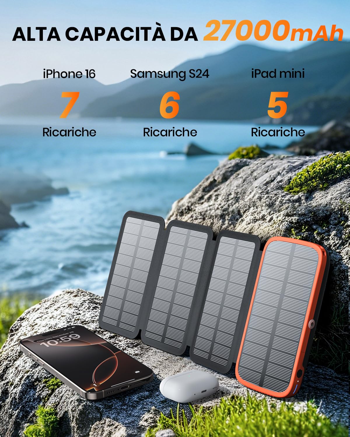 Caricatore Solare Power Bank 27000mAh – FEELLE Caricabatterie Solare con 3 Uscite USB, 3A Ricarica Rapida, Torcia Integrata Super Luminosa e 4 Pannelli Solari Pieghevoli per Smartphone Tablet