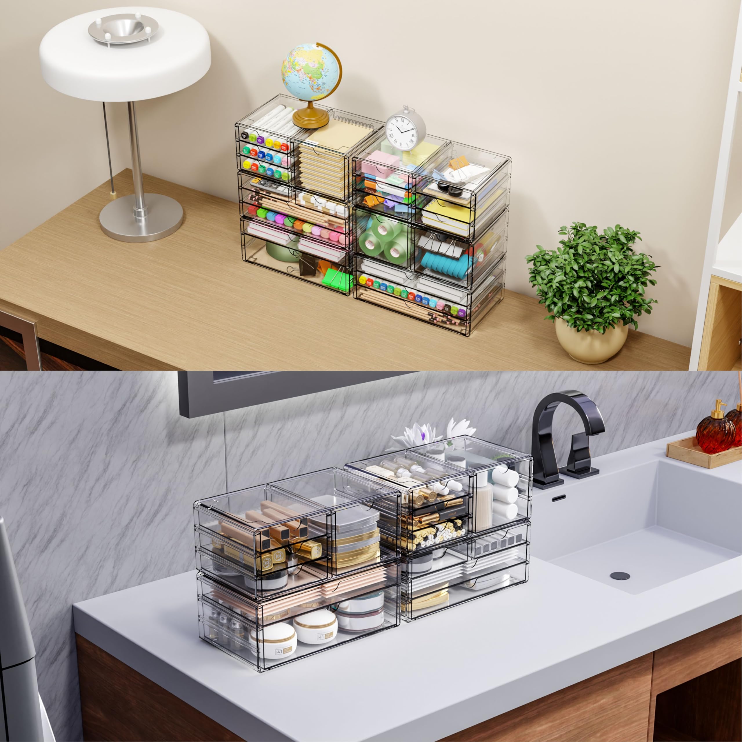 Organizer per cassetti in acrilico, impilabile, 28,2 cm, grandi cassetti trasparenti e organizer per trucchi per vanità, piano di lavoro del bagno, armadietto, dispensa, contenitori per forniture per