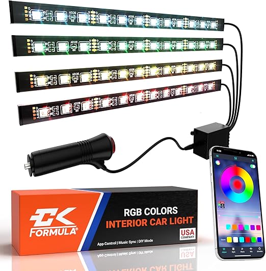 CK Formula Interior LED Lights for Cars, 16 Million RGB Colors, Car LED Lights Interior with App Control, Music Sync and DIY Mode, 12V DC Charger, Car Accessories and Decorations