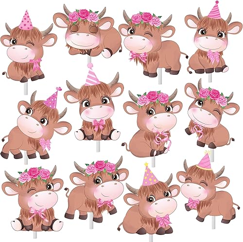 Decoraciones de cumpleaños de vaca de las tierras altas, 24 piezas de decoración de cupcakes de vaca de las tierras altas, decoración de fiesta de