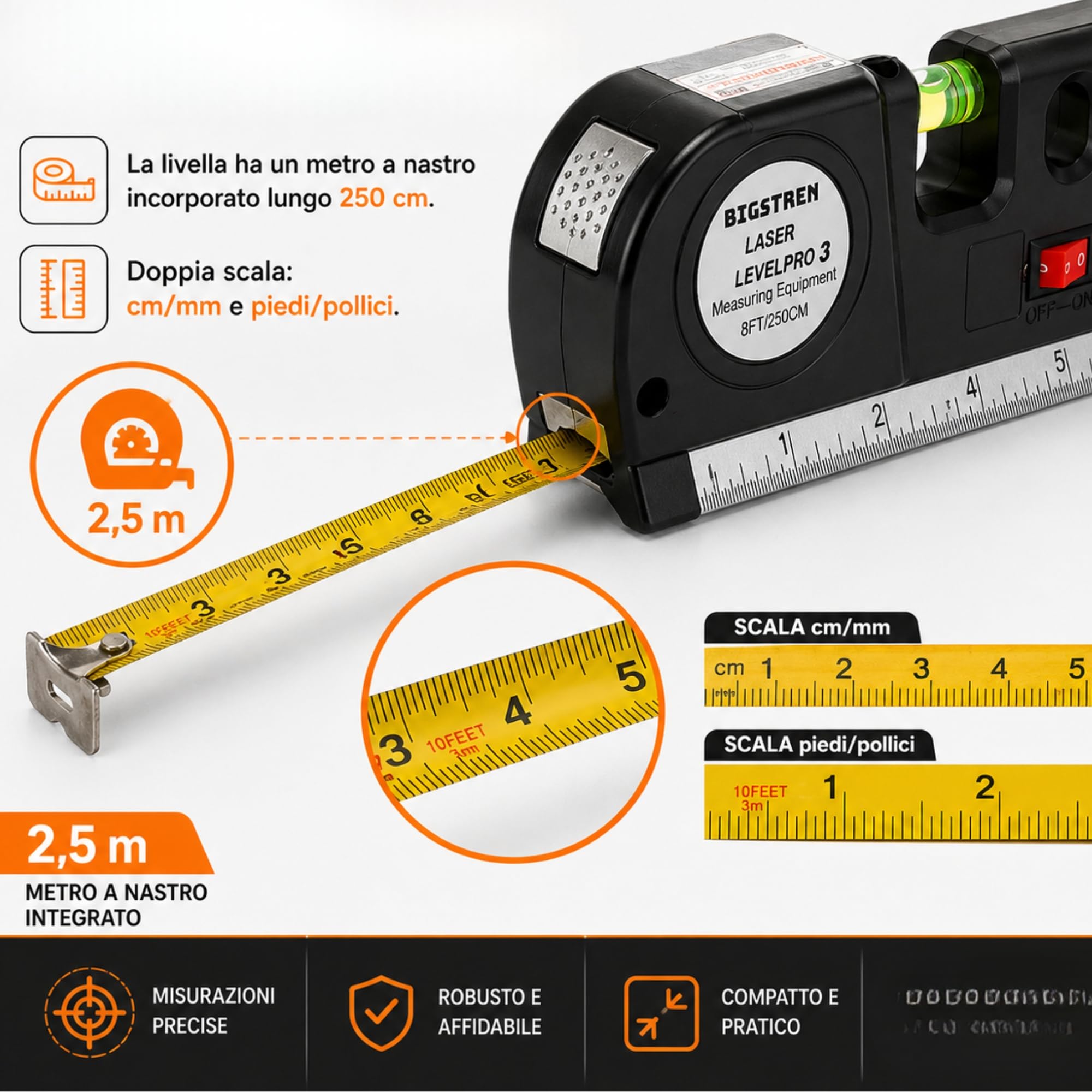 Livella Laser 4in1 con Metro 2,5m – Precisione Assoluta! Laser Rosso Orizzontale/Verticale + 3 Fiale - Perfetta per Montaggio Quadri, Piastrelle e Fai da Te, Strumento Professionale Preciso