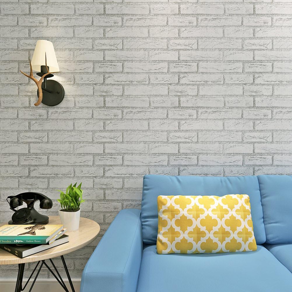 Vintage White Gray Brick Imitation Pattern Contact Wall Paper Self-adhesive Peel-stick Prepasted Wallpaper Murals Stickers,1.48ft By 6.56ft/roll,Home Decor