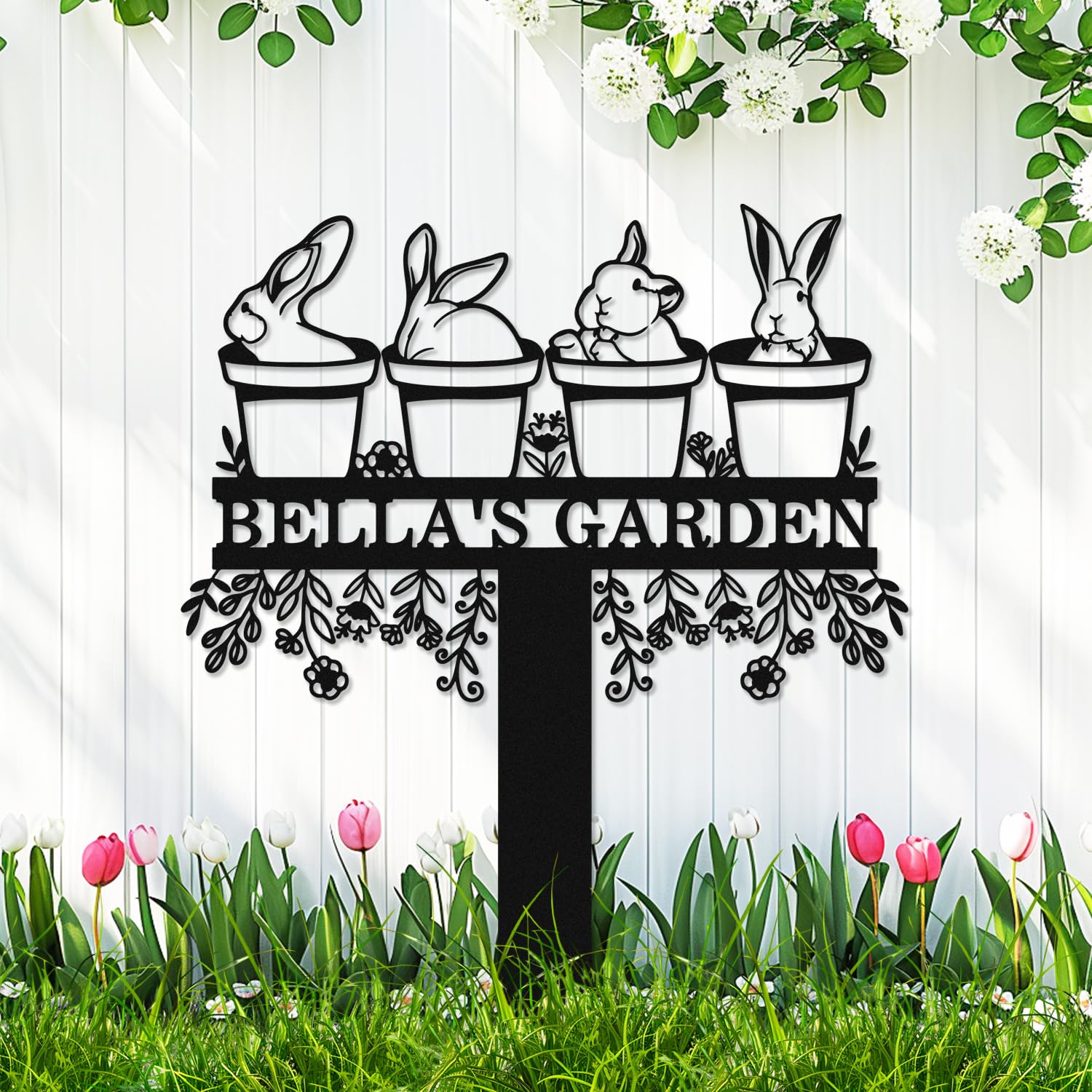 Custom Flowers Rabbit Garden Stake Sign, Personalized Cute Rabbits Bunny Garden Statue Decor Sign with Stake Metal Yard Art Plaque, Customlized Rabbit Lawn Yard Sign