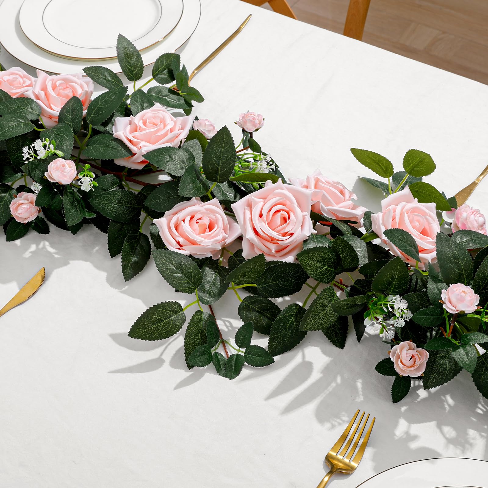 Photo 1 of 2 Pack 11.2 Ft Artificial Flower Garland with Pink Roses, Realistic Fake Greenery Vines with 17 Roses Flowers for Wedding Table Centerpieces Arch Party Ceremony Backdrop Decor(Pink)