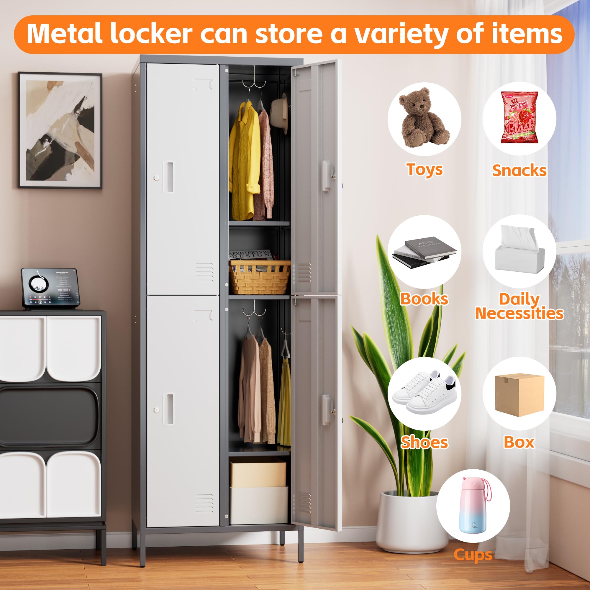 Aobabo 185H x 60B x 45T cm Stahl Schließfach, 4 Tür Schrank für Mitarbeiter, Dunkelgrauweiß
