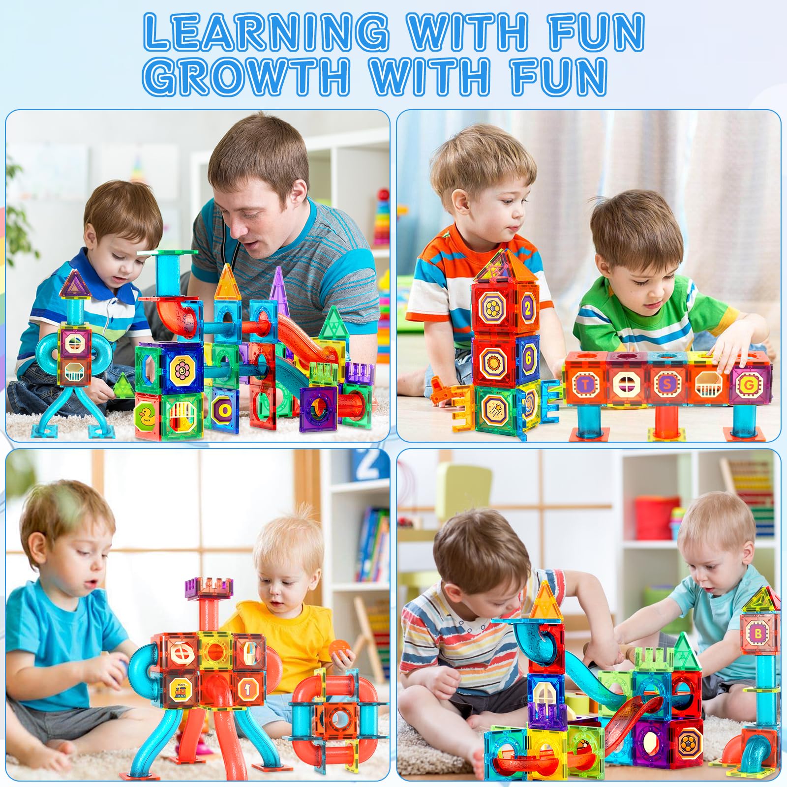 JUQG 74 Pcs Bloques de Construcción Magnéticos, Juego Construcción en 3D con Tuberías, Juguetes de Bloques de Construcción Educativos, Juguetes de Construcción para Niños para Niños Niñas 3+ (74Pcs) — view 5