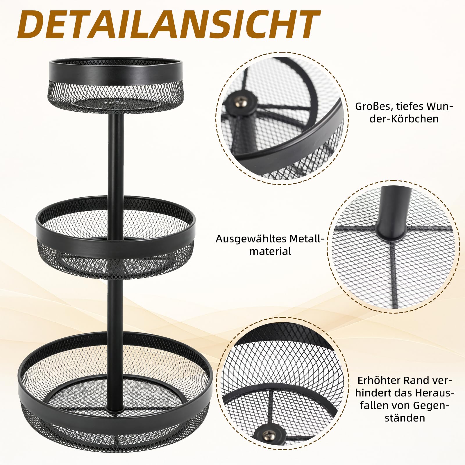 Dreistöckiges rundes Obst- und Brotregal, auch als Kuchenständer oder Tortenständer geeignet, aus schwarzem Metall.