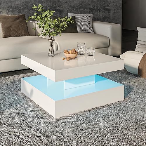 Miniatura 8 de Mesa de centro LED blanca para sala de estar, mesa central cuadrada de 2 niveles, mesa de centro moderna de madera contemporánea de alto brillo con