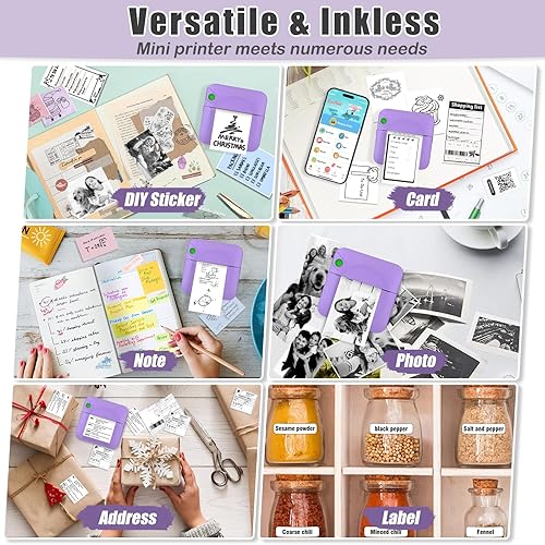 Vista 3 de Mini impresora de calcomanías, mini impresora térmica de bolsillo con 11 rollos de papel, impresora Bluetooth sin tinta compatible con Android e