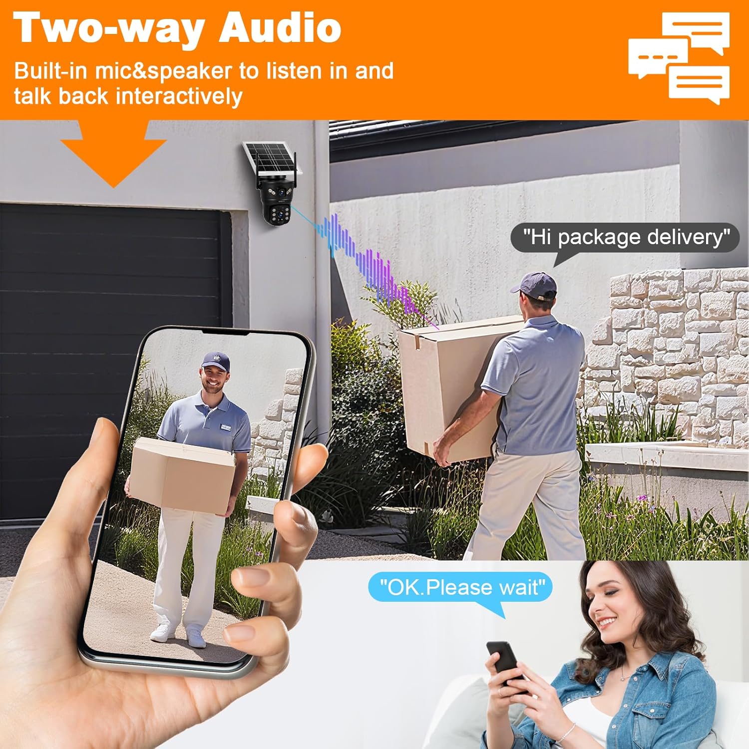 Fuers camera enabling two-way audio communication between a person at the camera and a person on a smartphone.