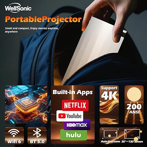 Miniatura 4 de Mini proyector portátil compatible con 4K, proyector inteligente con WIFI y Bluetooth inalámbrico, 200 lúmenes ANSI, Android 11, rotación de 210,