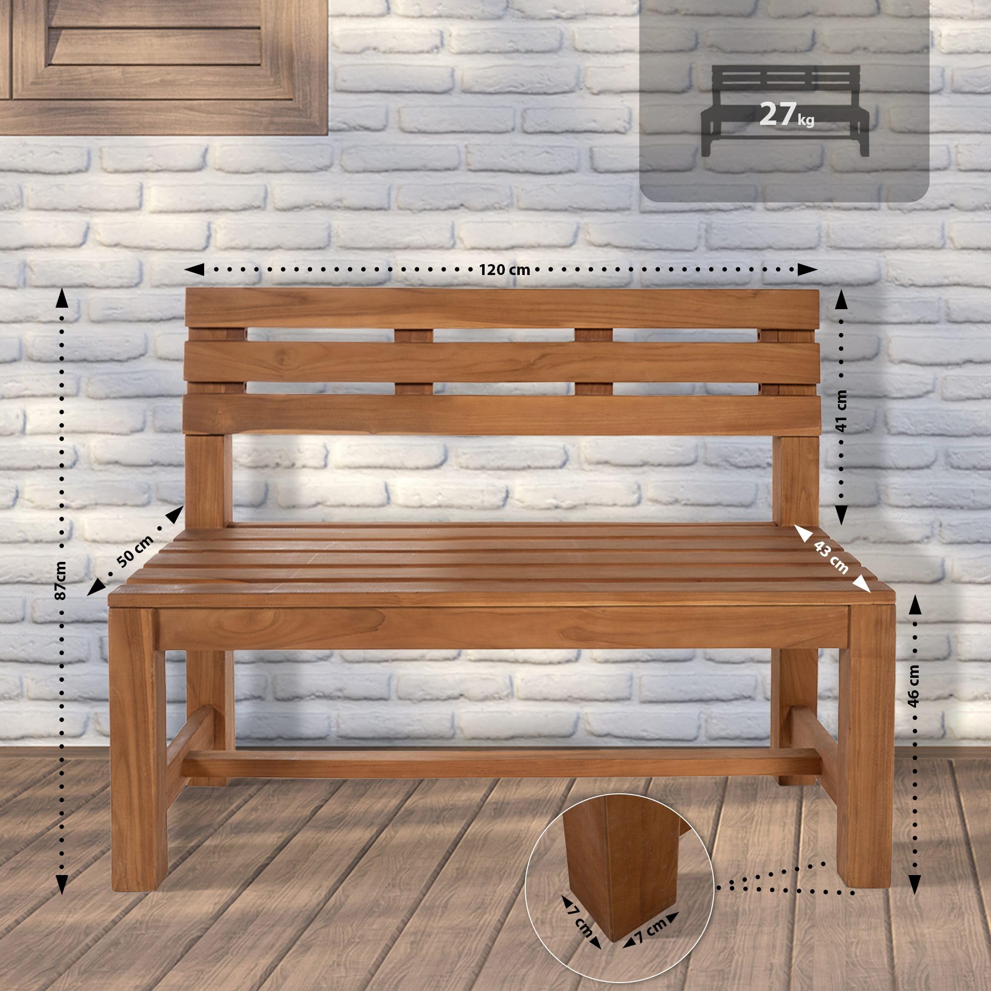 CLP Banco de Teca Augusta I Banco de Madera Resistente a la Intemperie con Respaldo I Robusto Banco de jardín de Madera Maciza de Teca, Color:Teca, Tamaño:120 cm