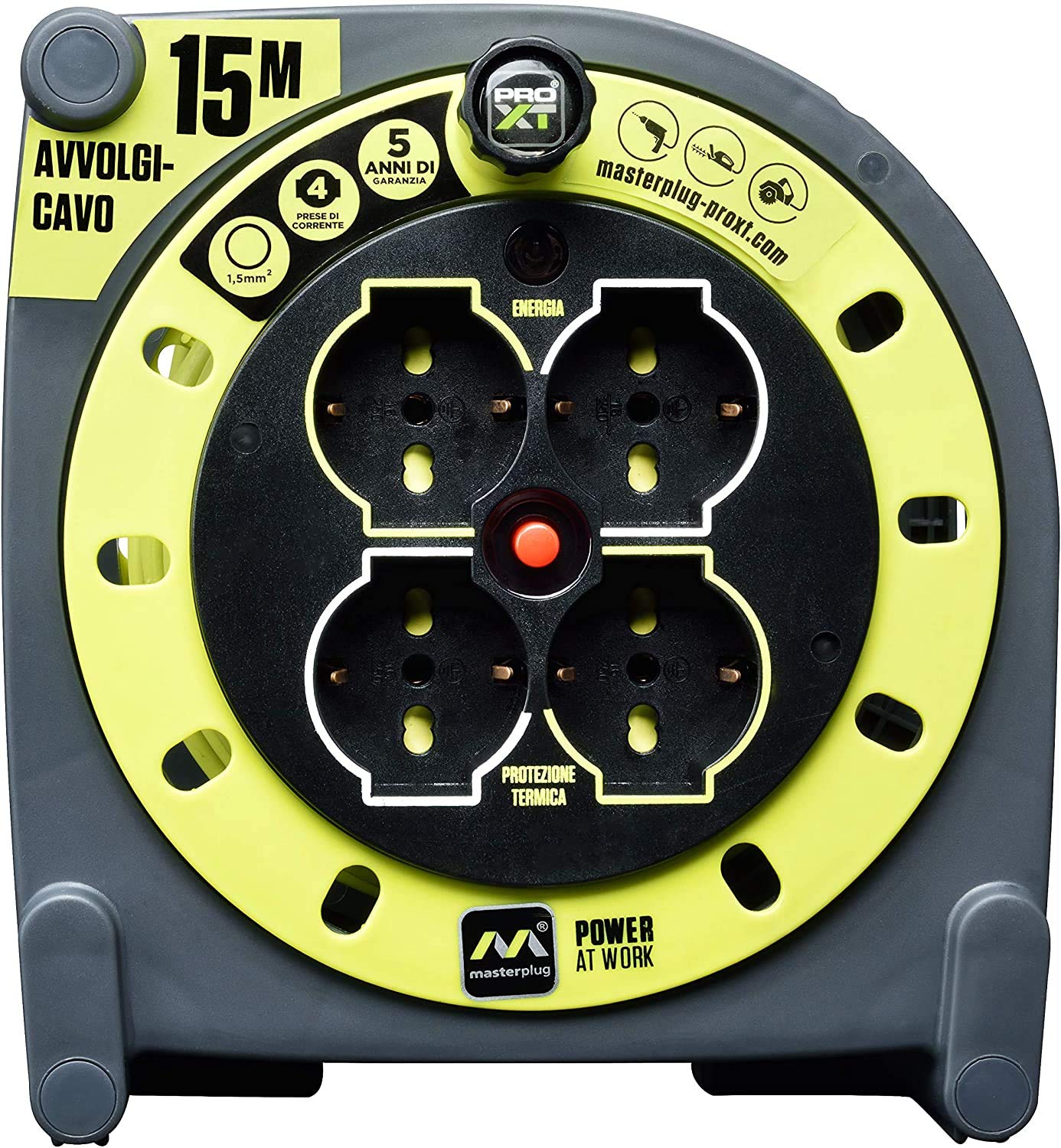 Masterplug Pro-XT Avvolgicavo 15 metri, 4 Prese Universali prolivalent: Bipasso, EU, Schuko, Prolunga Elettrica 16A, Indicatore LED, Cavo Alta Visibilità