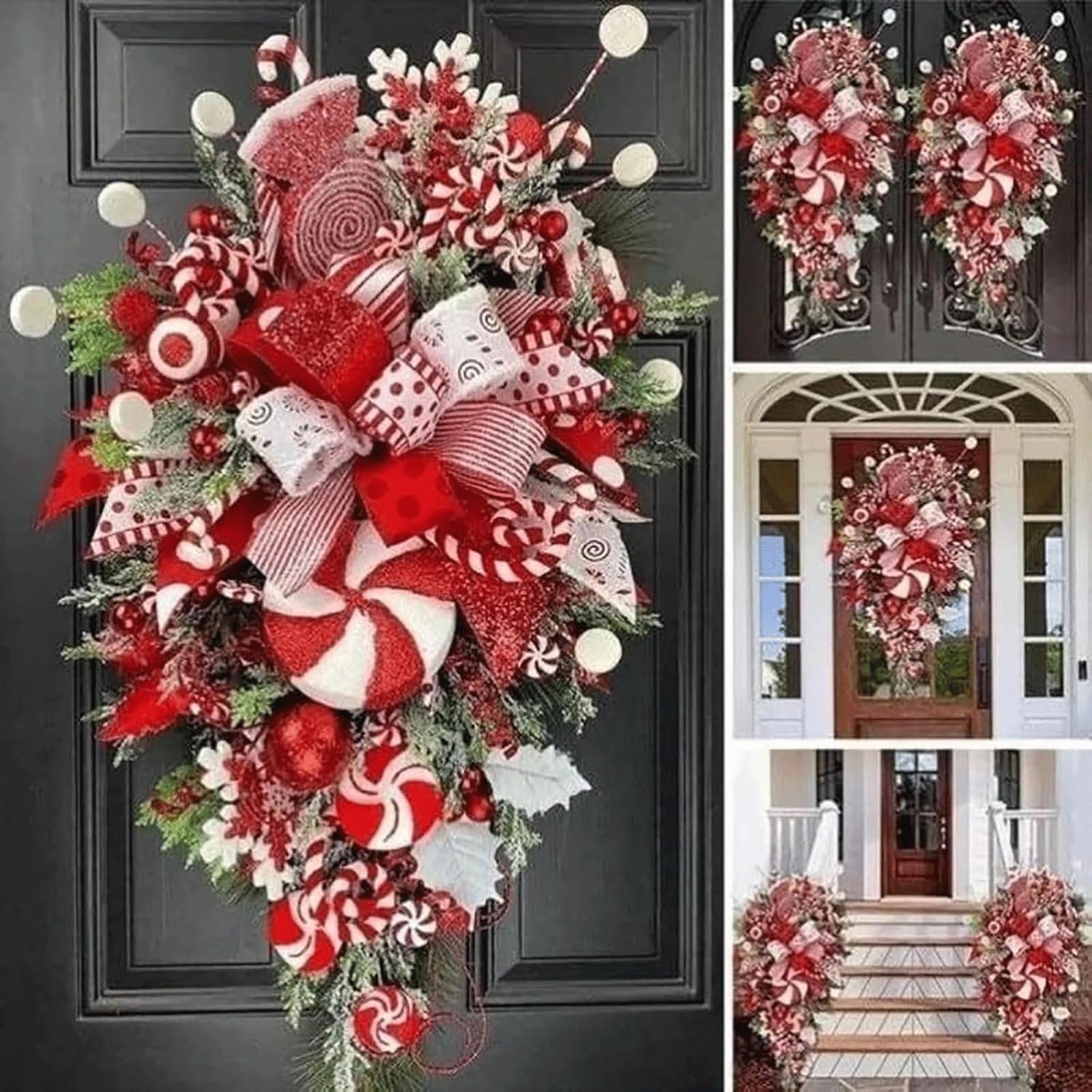 Yofab Couronne de Noël pour porte d'entrée extérieure, couronnes de vacances, couronnes de porte pour le printemps et l'été, fabriquées avec de la mousse plastique durable et du ruban 50 x 30 cm,