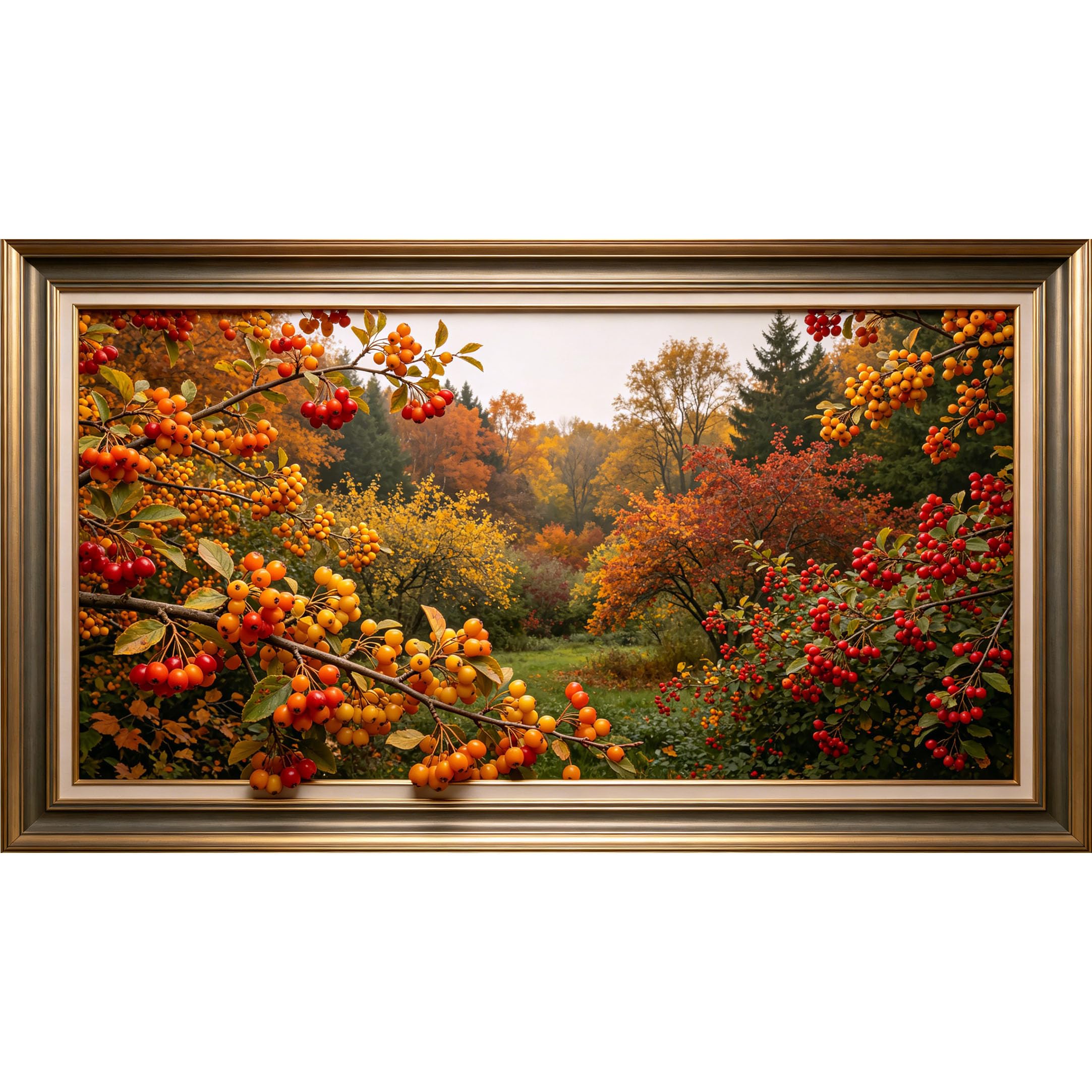 QZLITHOTIC 50×90cm3D Framed Wall Art， Autumnal Harvest Berry Branch Landscape SelfActivated Mural， WaterActivated Peel & Stick Fabric Decor Wall Decal for Bedroom Living Room