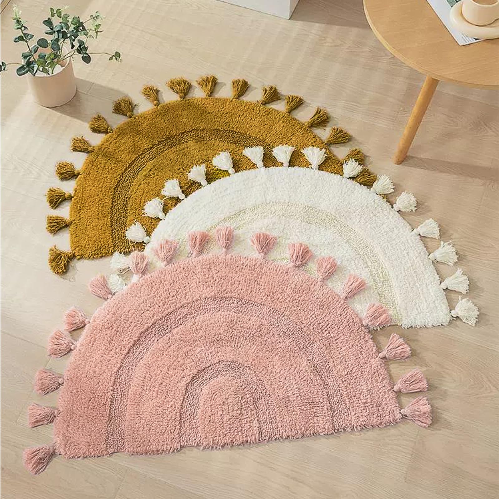 Tapis de bain bohème en coton tissé à la main avec pompons en coton antidérapant lavable pour salle de bain, douche, baignoire, moutarde, 50,8 x 81,3 cm