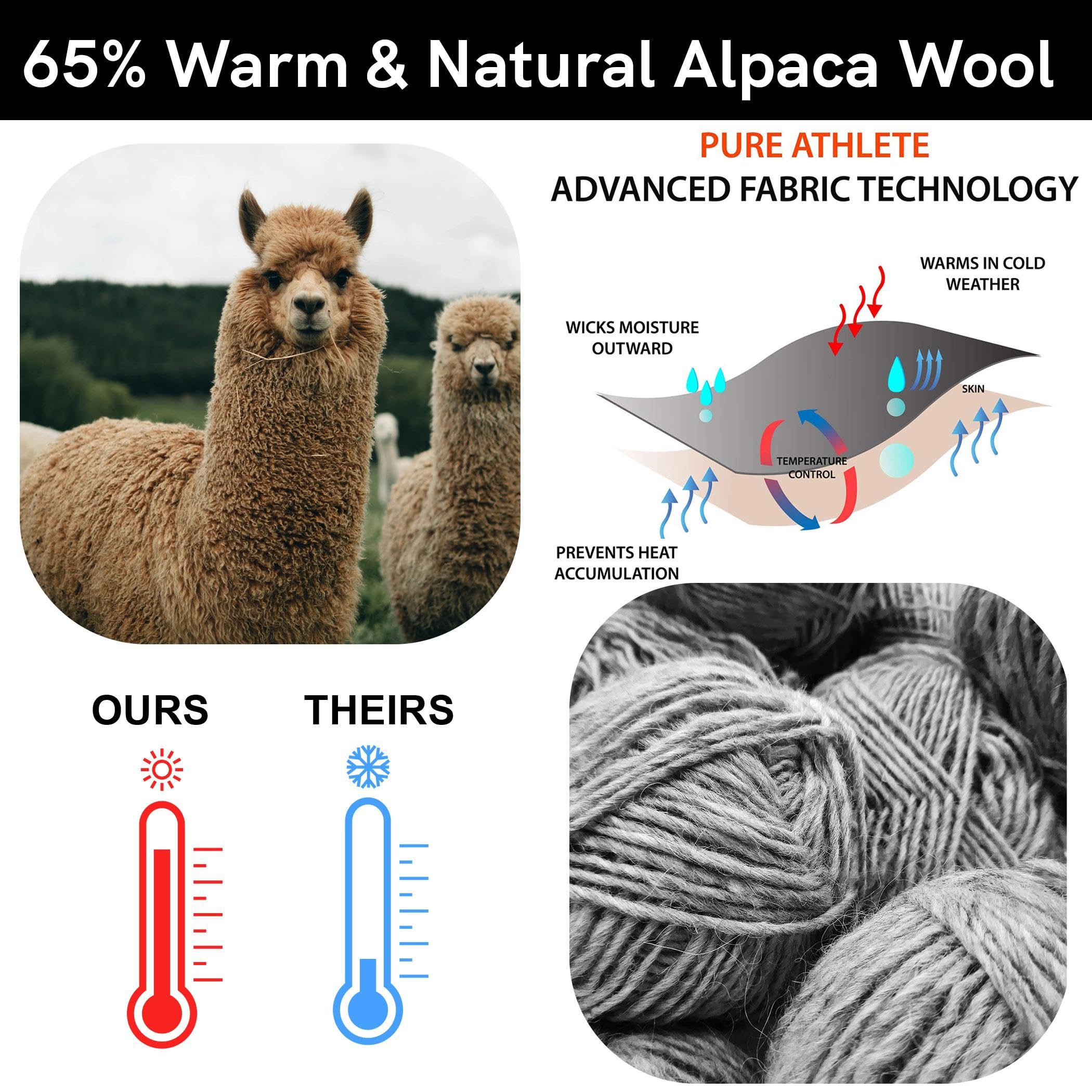 Pure Athlete Alpaca Wool Ski Socks - Made in USA, Winter Weather Lightweight Skiing and Hunting Socks for Men and Women