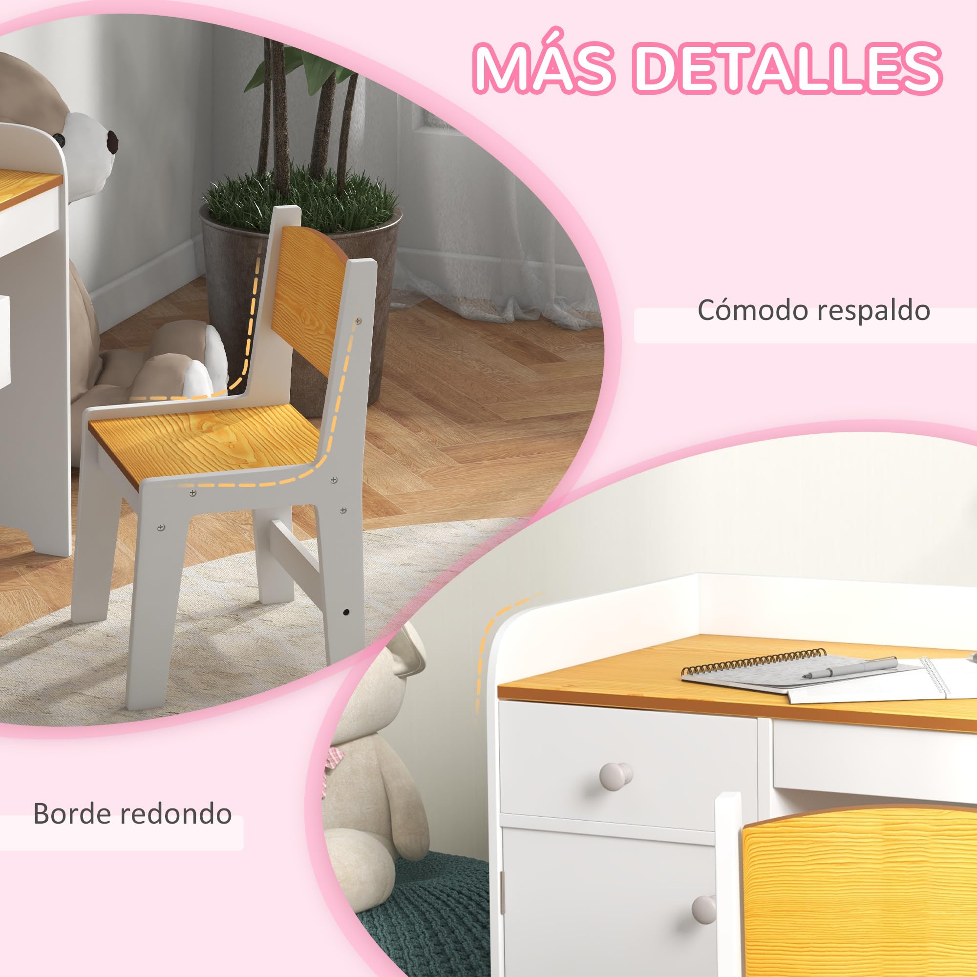 ZONEKIZ Conjunto de Escritorio de 2 Piezas Pupitre Infantil Escritorio para Niños Incluye Silla y Mesa con Cajón y Armario para Dormitorio Sala Blanco y Natural