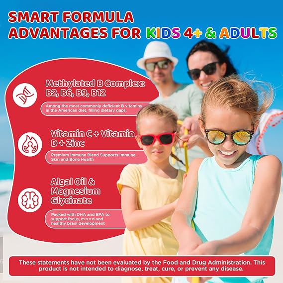 Folinic Acid for Kids & Adults, Folinic Acid with Methylfolate, Magnesium, Omega-3, Vitamin C, D3, Zinc, Methylated B-Complex, Dual Active Folate Supplement, Immune Formula, Sugar Free, Vegan, 60CT