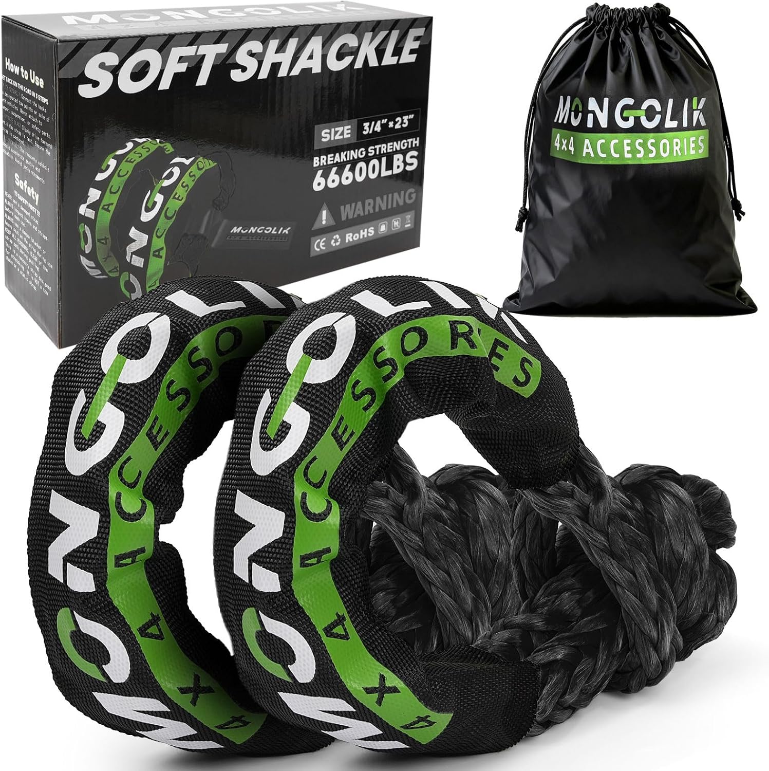 2PCS Synthetic Soft Shackle Rope 3/4 x 23in (66000LBS Breaking Strength) Shackles Recovery Tow Shackles for Off-Road, Towing, Marine, Rigging (Black)