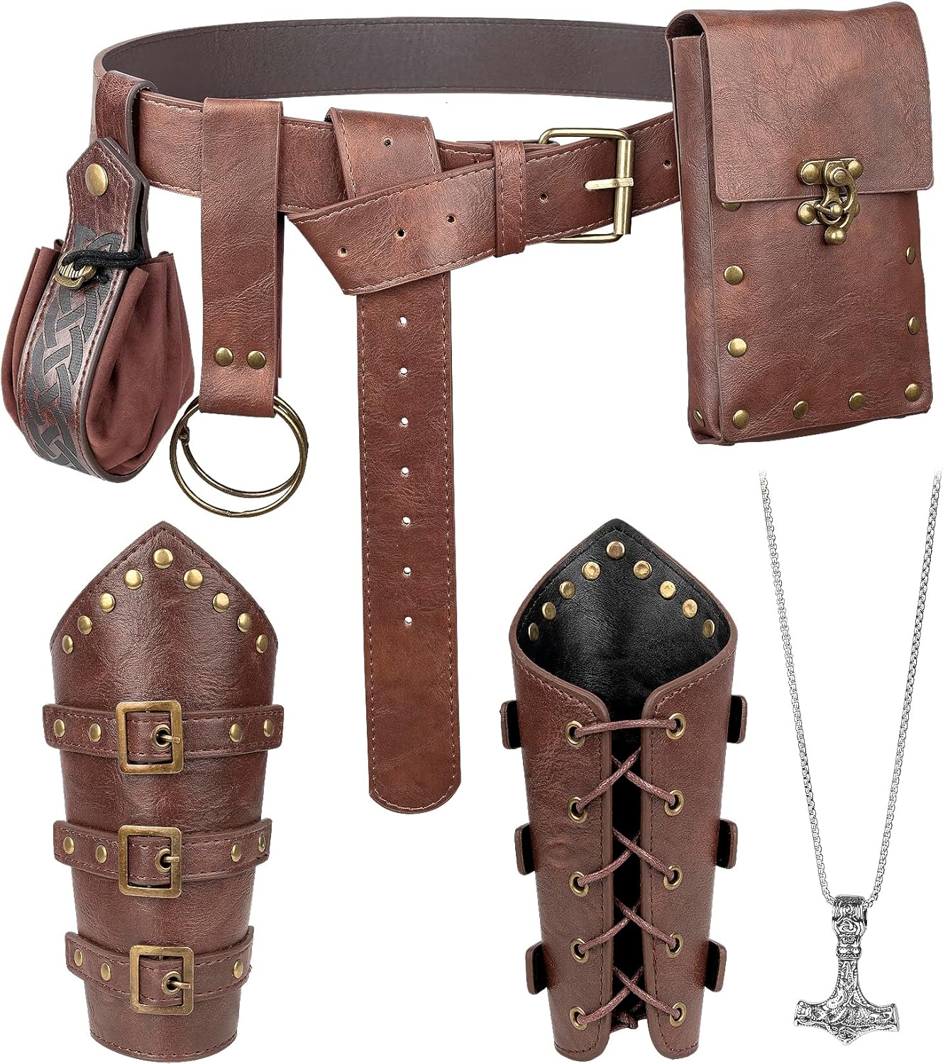 7PCS Renaissance Accessories – Medieval Belt, Viking Leather Bracers, Belt Pouch & Money Bag for Halloween Cosplay