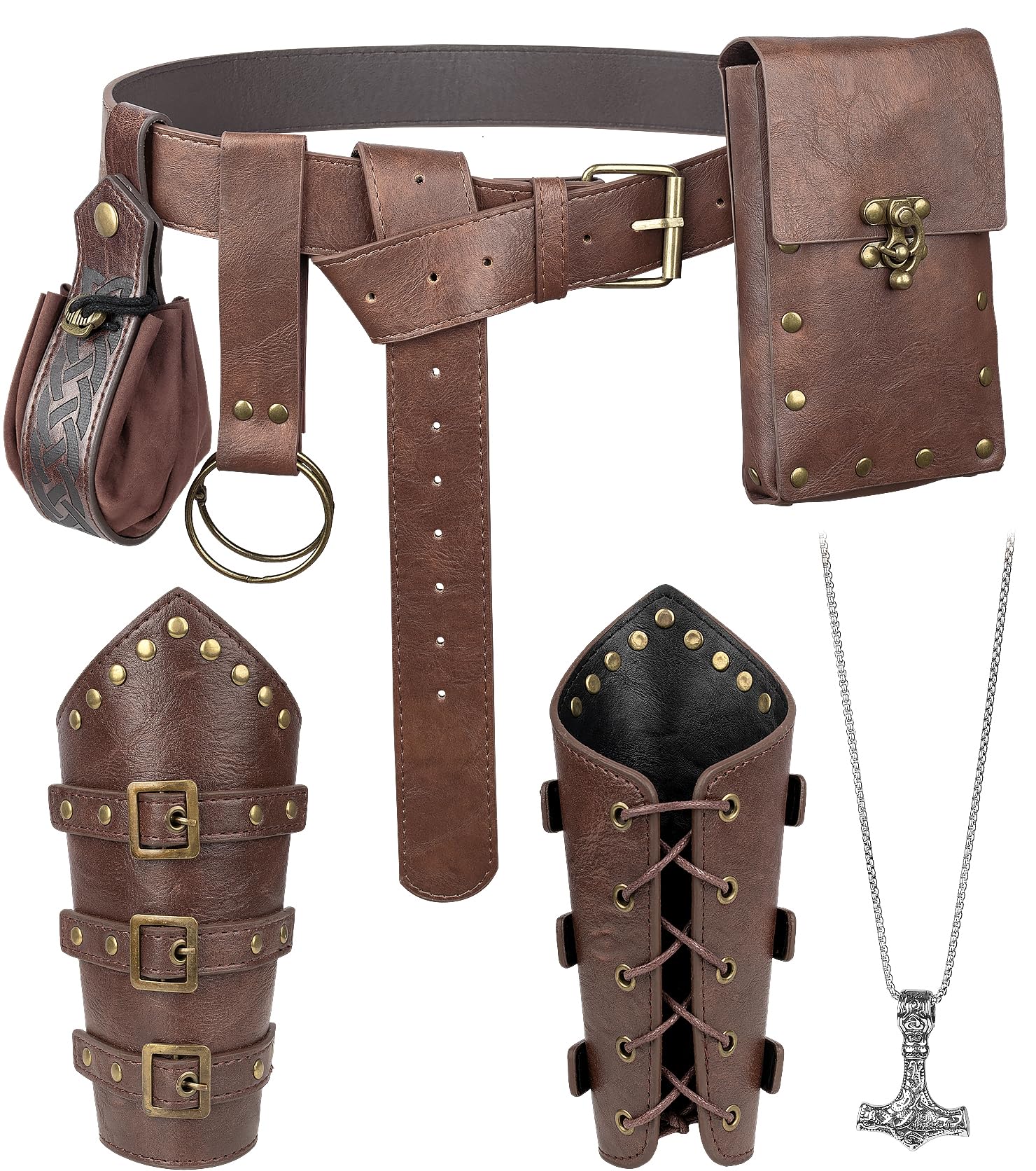 7PCS Renaissance Accessories – Medieval Belt, Viking Leather Bracers, Belt Pouch &amp; Money Bag for Halloween Cosplay