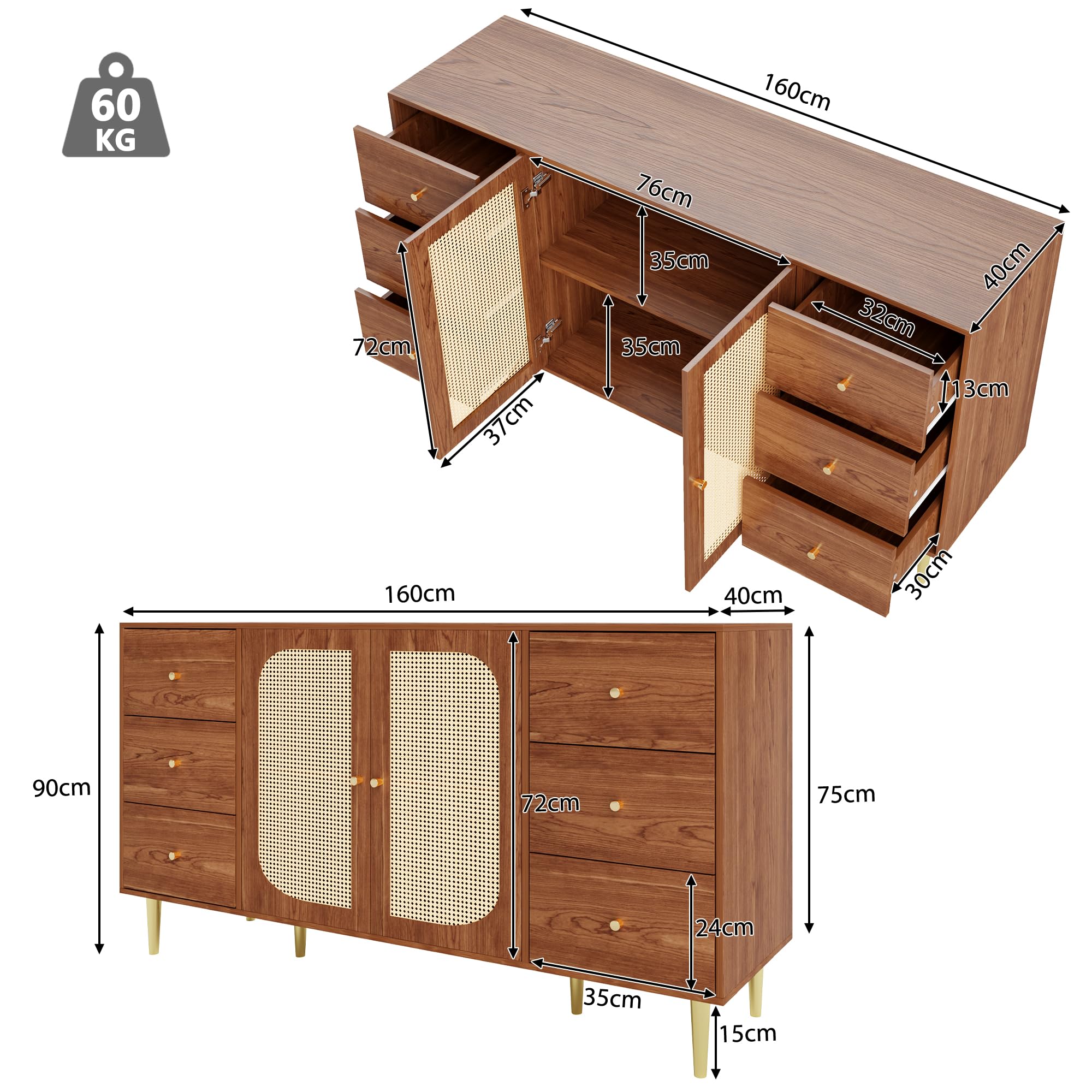 Lexiou Aparador de ratán con cajón, armario de madera independiente, cocina, hogar, salón, marrón, 160 x 40 x 90 cm