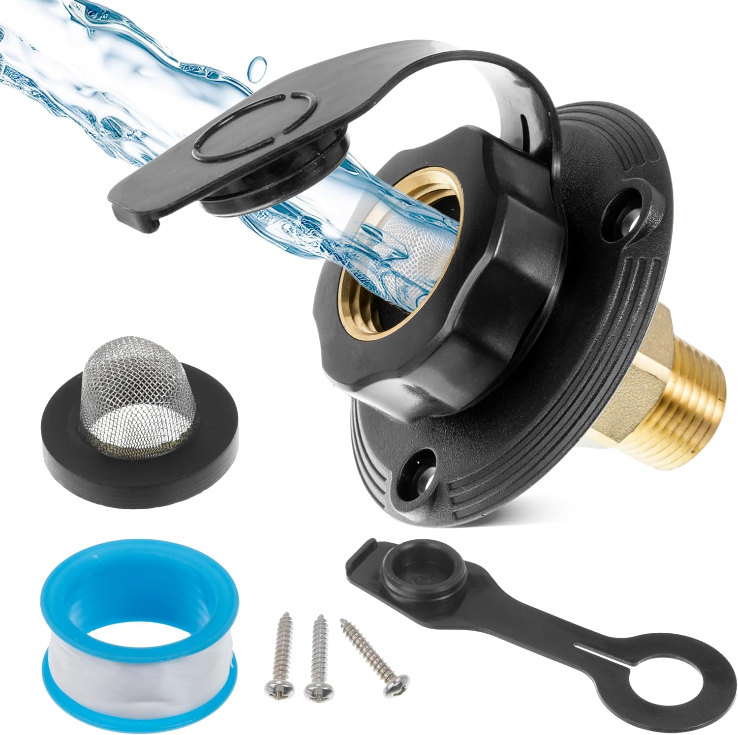 BlueStars RV City Water Inlet - Brass Black Flange with Check Valve - 3/4" NH Female Connection to 1/2" NPT Male Thread - City Water Connection with Dust Plug for RV Camper Trailer Motorhome (Black)