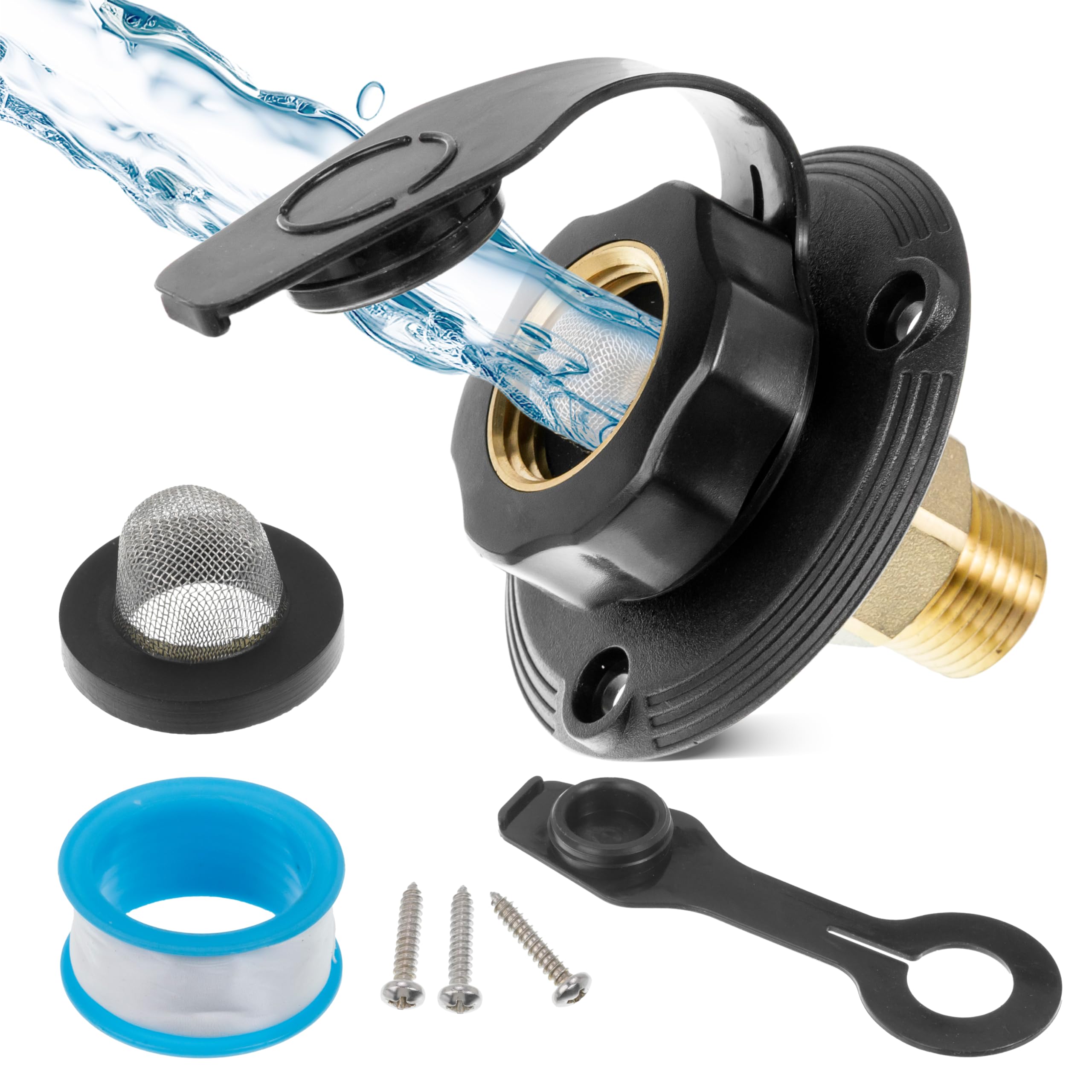 BlueStars RV City Water Inlet Brass Black Flange - Fits Camper Trailer