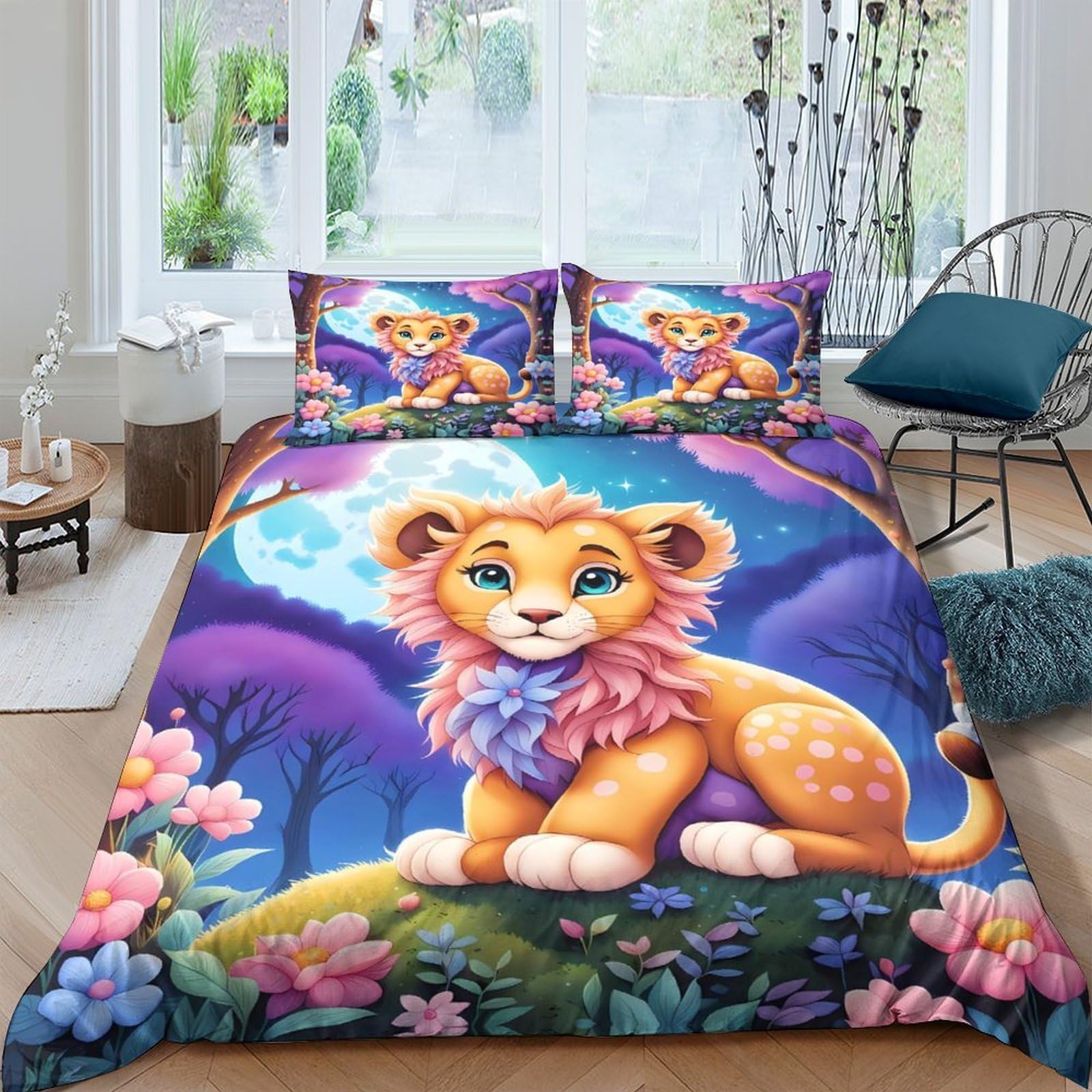 Ctjqhvkz Style-1 3D Printed Cartoon Lion Fitted Sheet Microfiber Vibrant Forest Flowers Mattress Cover For Bedroom Dorm Protection Decor Single（135X200cm）