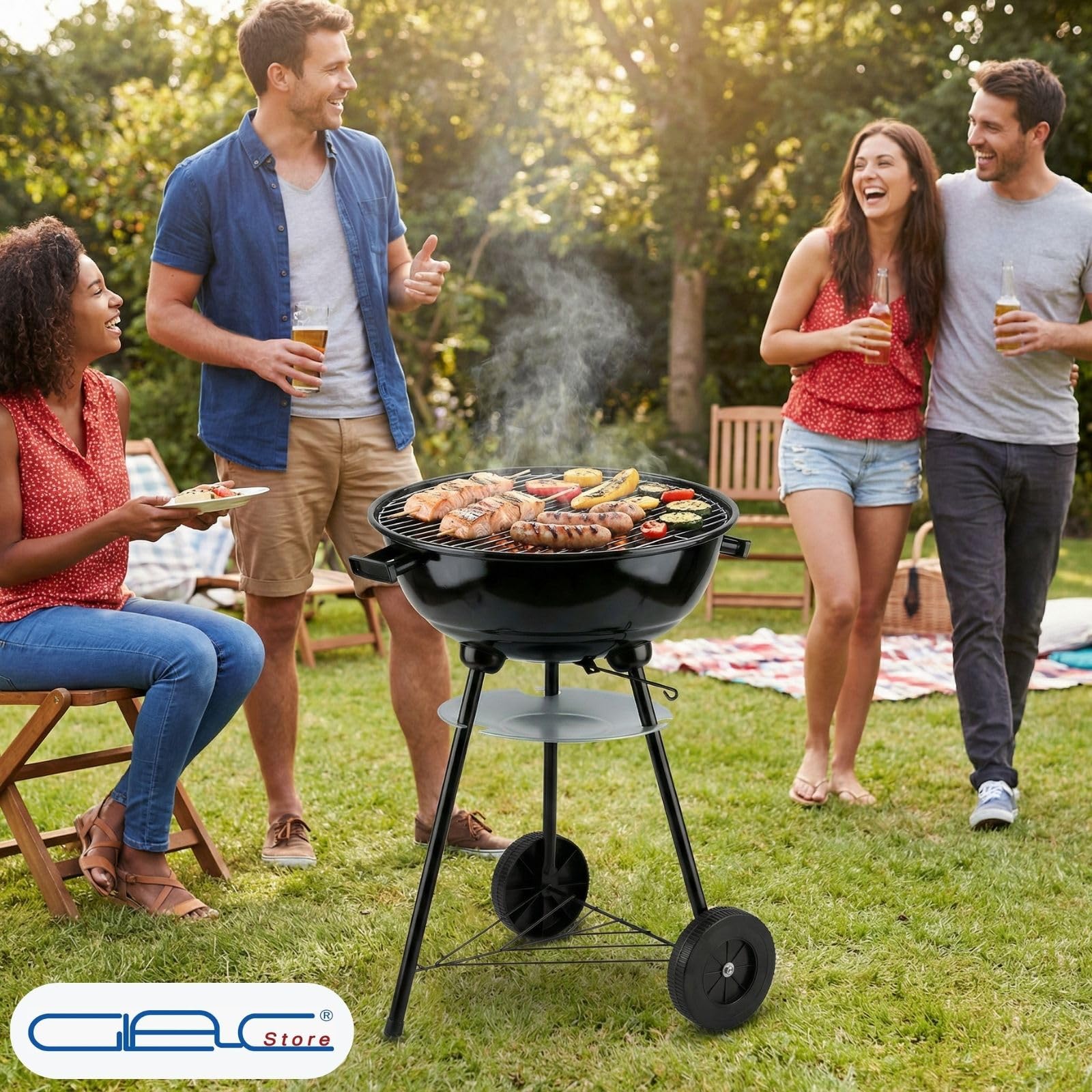 Barbecue a Sfera con Coperchio, Grill a Carbonella da Esterno, Ø 44 cm, 70 cm Altezza, con Ruote e Raccoglicenere, Nero