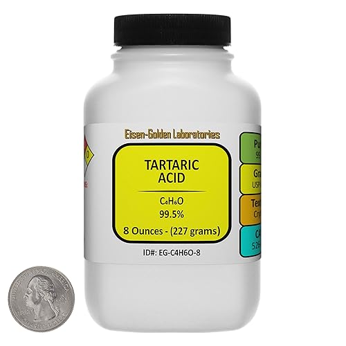 Ácido tartárico C4H6O6 99.5% USP Cristales de grado alimenticio 8 onzas en una botella