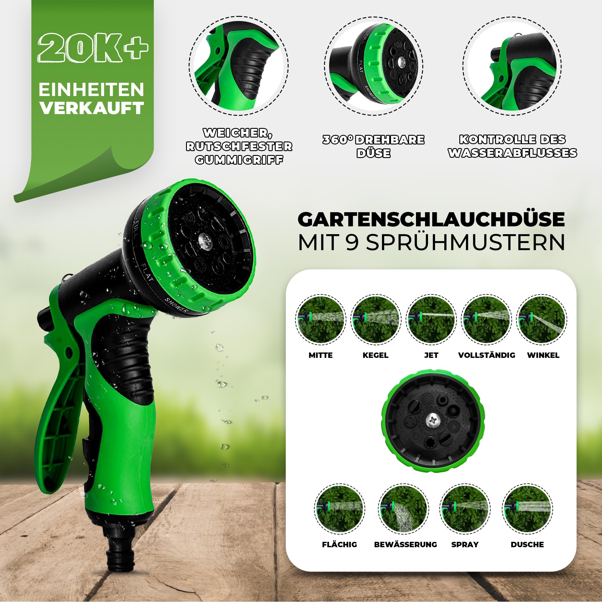 HomeProtek Flexibler Gartenschlauch 30 M Mit 9-Fach Brause, Für Bewässerung