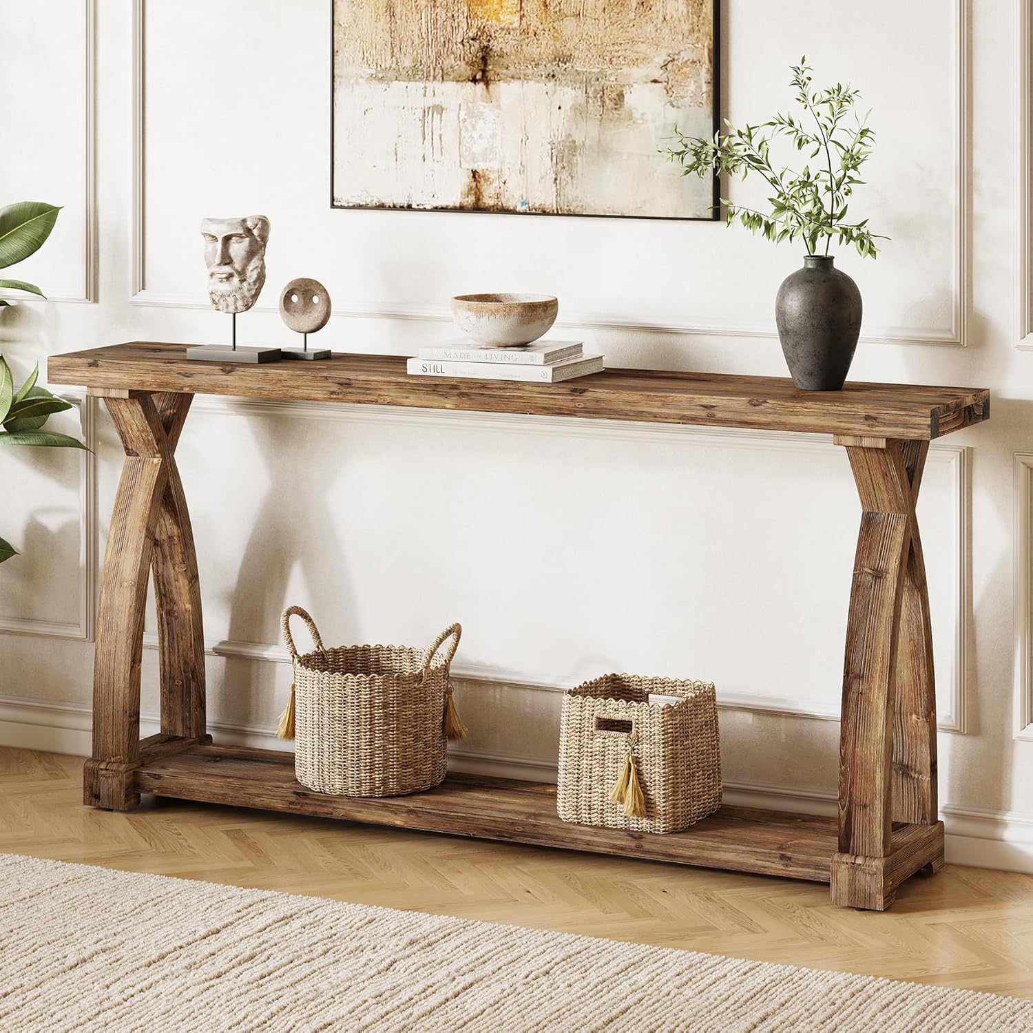 Solid Wood Console Table for Entryway, 63-Inch Narrow Farmhouse Couch Table Behind Sofa with 2-Tier Storage for Entrance, Foyer, Living Room, Long, Dark Brown