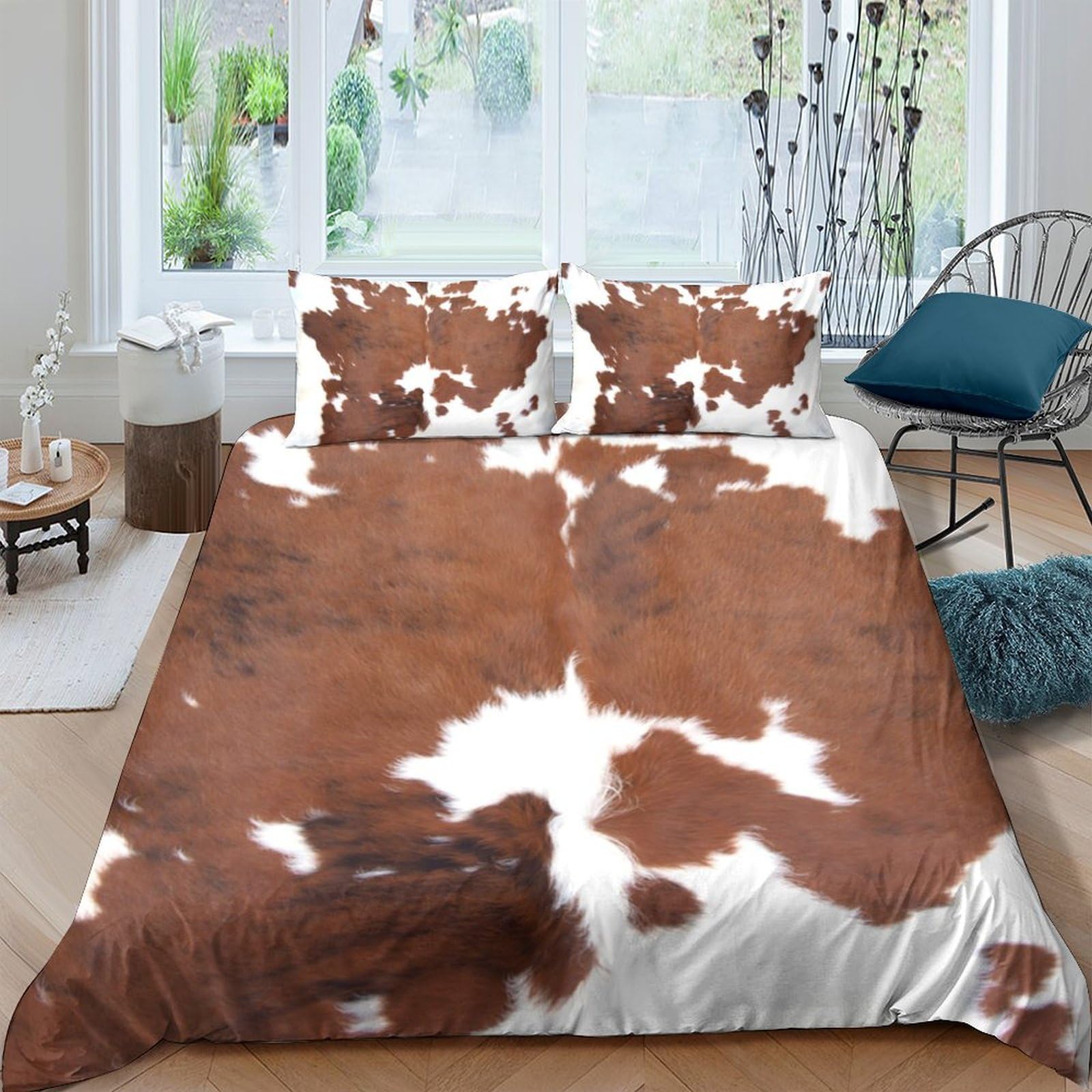 Ctjqhvkz Style-7 3D Printed Brown Cowhide Pattern Fitted Sheet Microfiber Soft Breathable White Patchwork Bed Cover For Bedroom Guest Room Decor Single（135X200cm）