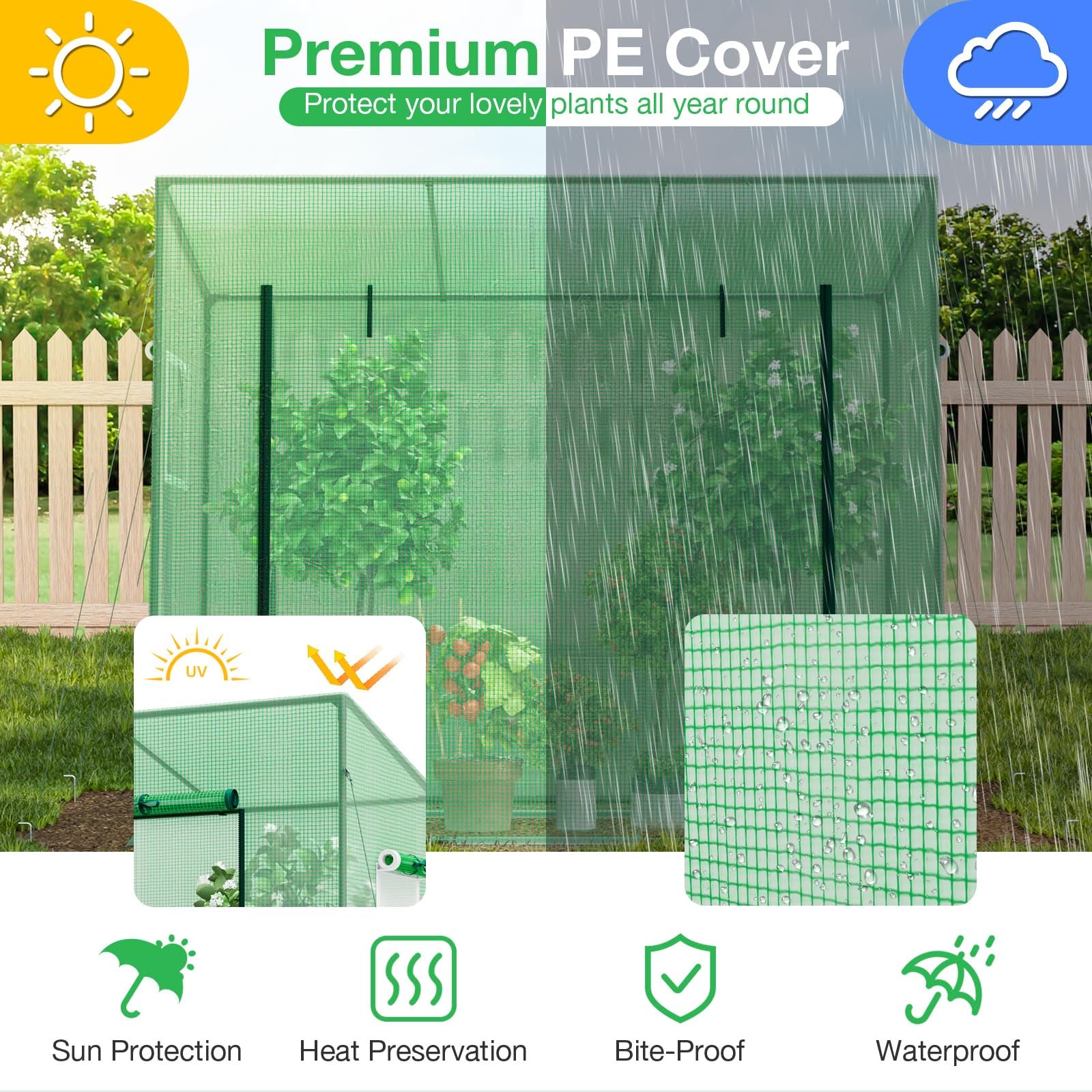 HOMASIS Invernadero Exterior, Invernadero de película con Puerta Enrollable y 2 Ventanas, Invernadero con Cubierta de PE, Invernadero con Estructura metálica para Plantas, 200x77x169cm, Verde